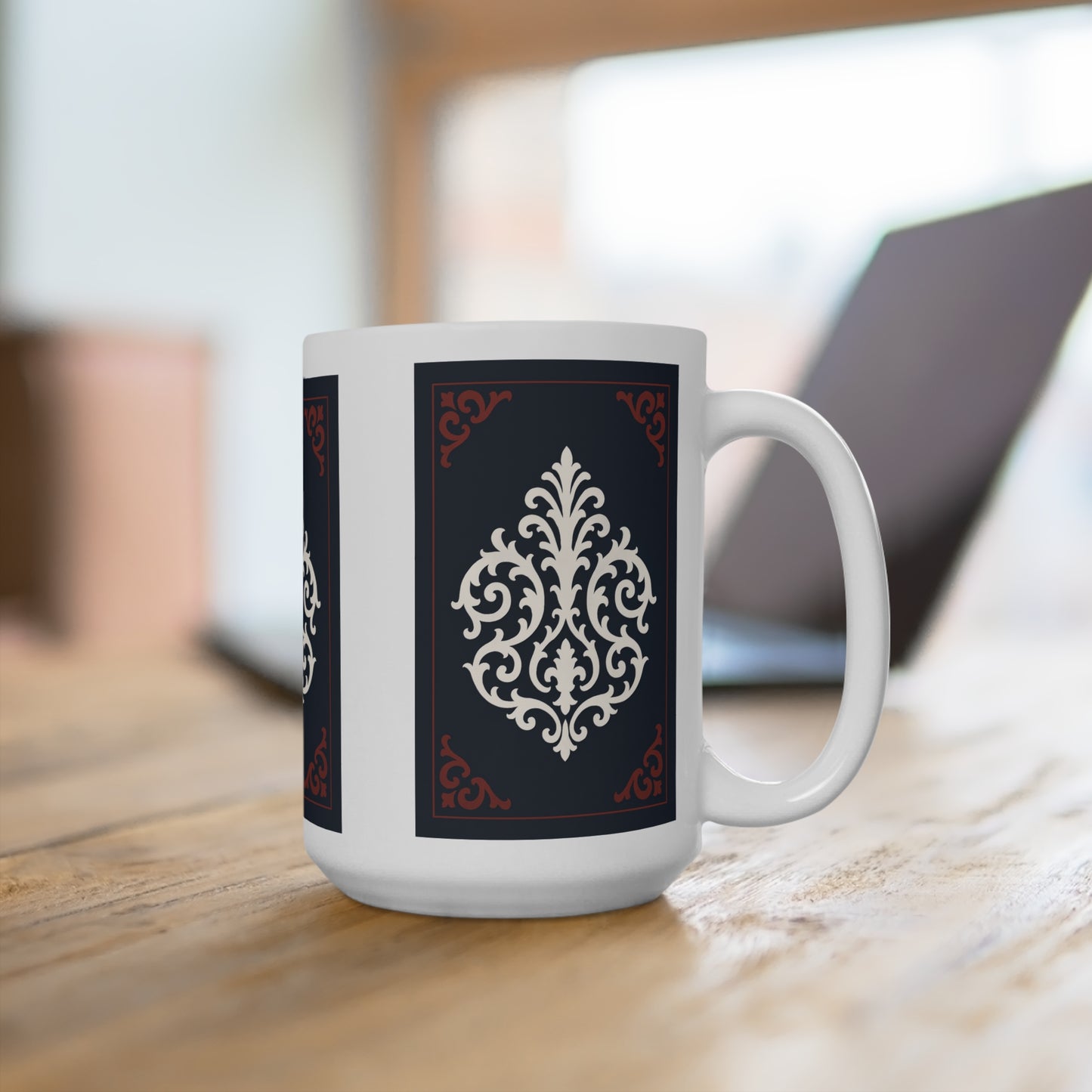 Dusk Blue-Maroon & White Baroque 15oz Ceramic Mug — Dusk Blue Vintage Baroque Ornament Design