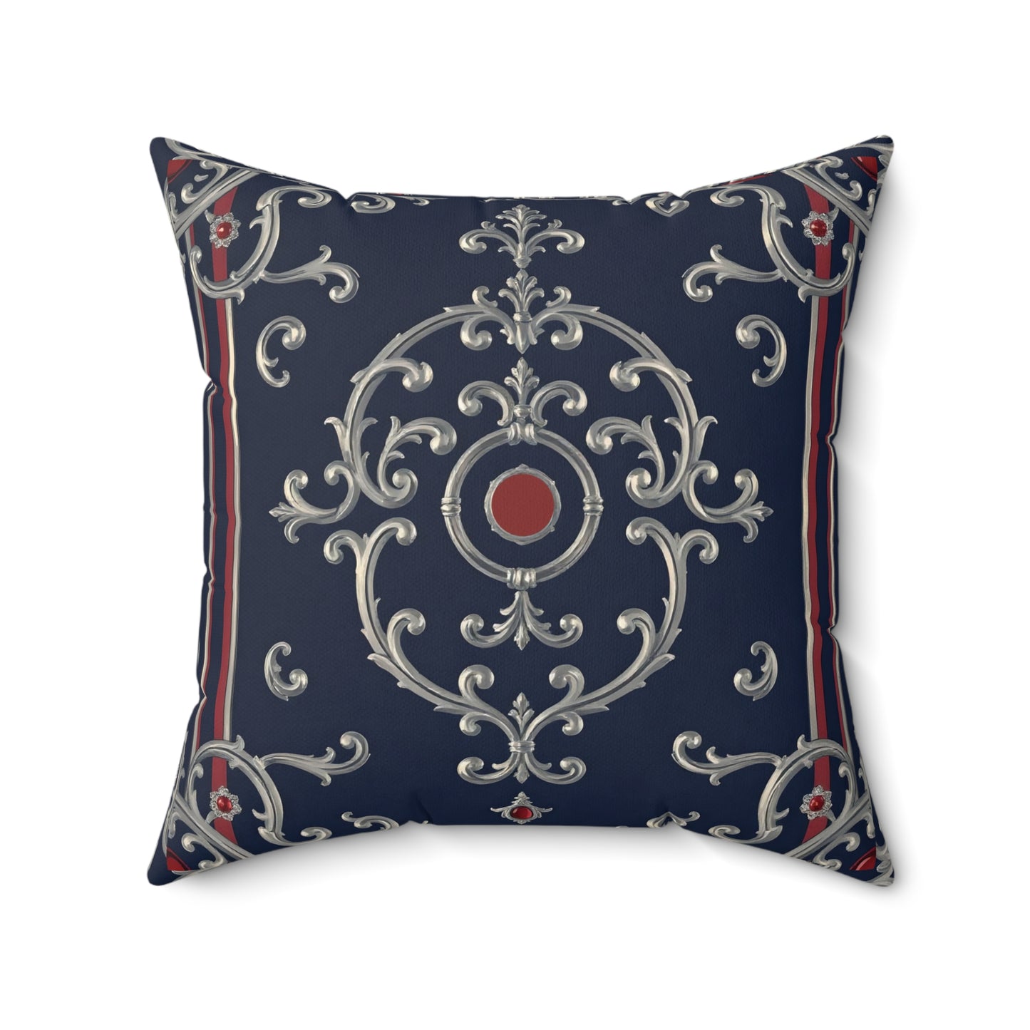 Elegant Faux Suede Pillow - Home Décor, Decorative Cushion, Cozy Living Room Accent, Stylish Throw Pillow - Blue & Red Striped Silver Baroque