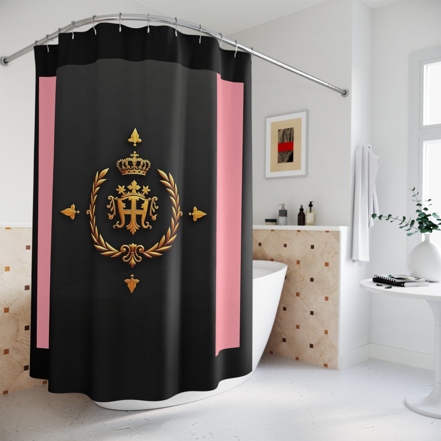 Elegant Crown Shower Curtain with Royal Motif, Chic Bathroom Decor, Luxury Home Accessories, Wedding Gift, Housewarming - Pink Striped Gold Crest