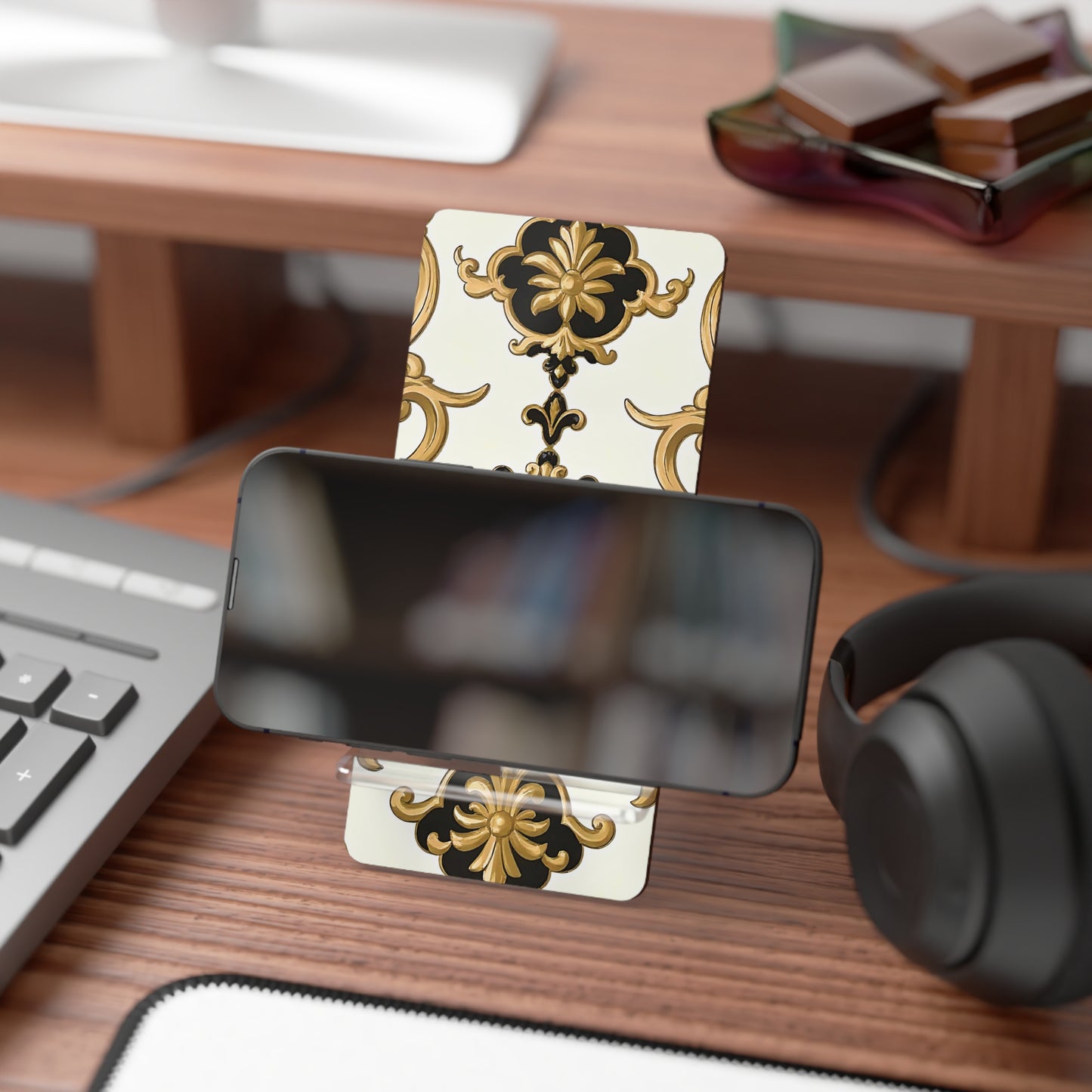 Elegant Smartphone Display Stand, Chic Desk Organizer, Home/Office Decor, Gift for Tech Lovers, Stylish Phone Holder - Black & Gold Rococo
