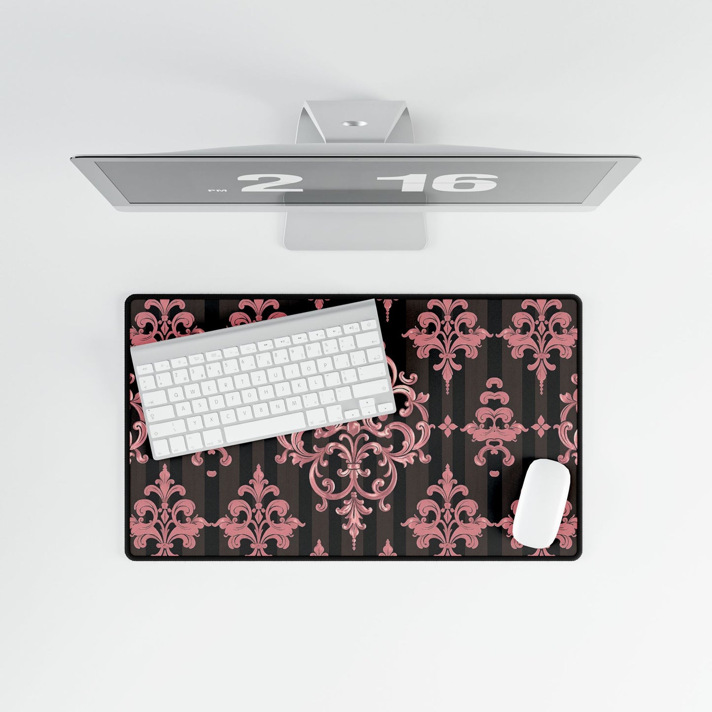 Elegant Floral Motif Desk Mat for Home Office Decor - Brown Striped Mauve Damask