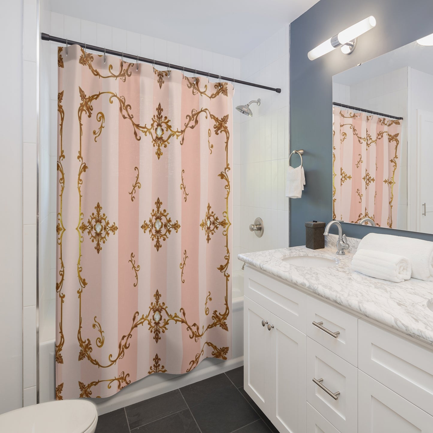 Elegant Vintage Floral Shower Curtain - Pink Jeweled Striped Gold Baroque Design