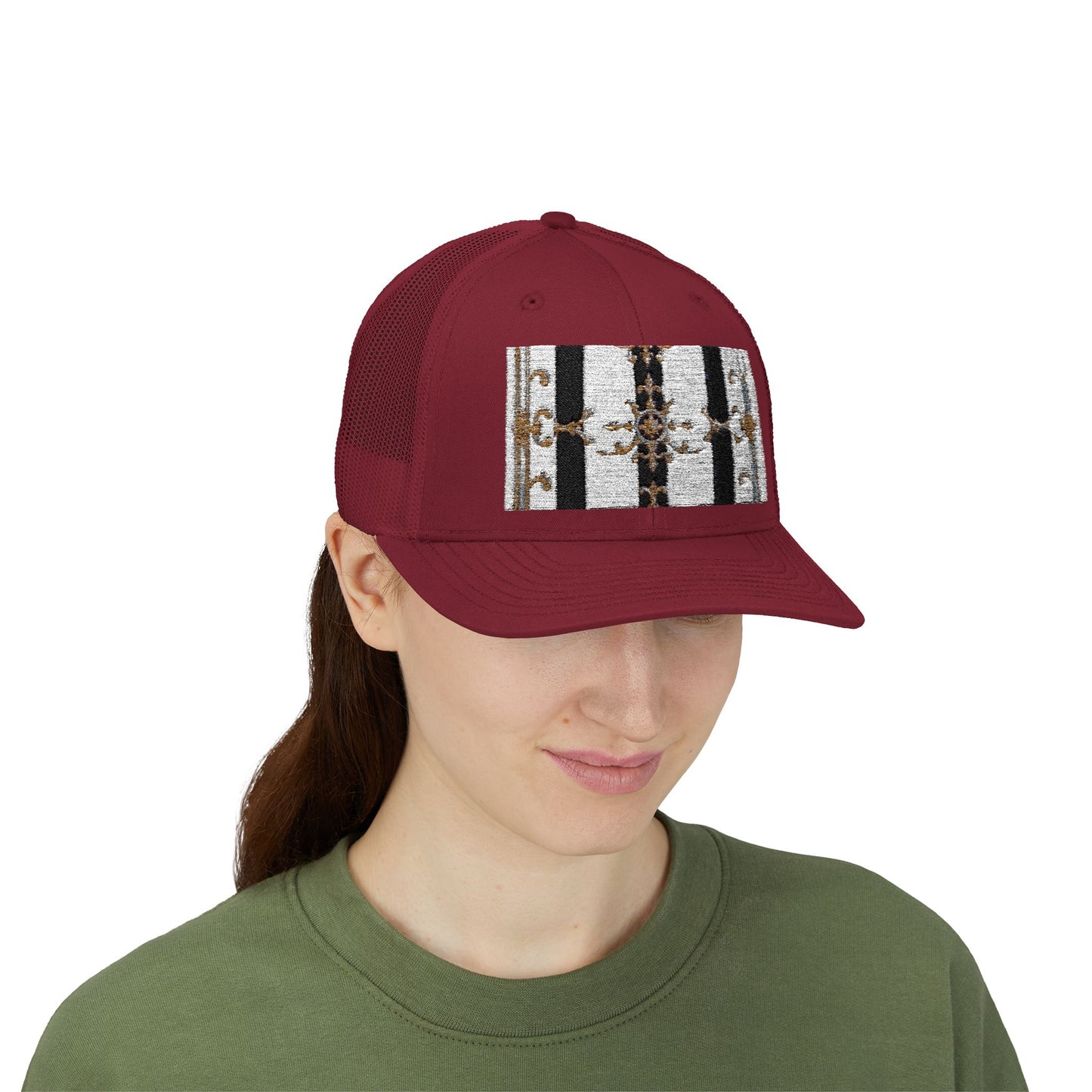 Trendy Snapback Trucker Cap, Casual Fashion Hat, Summer Accessory, Gift Idea for Cool Teens, Outdoor Activities - Black & White Striped Gold Baroque