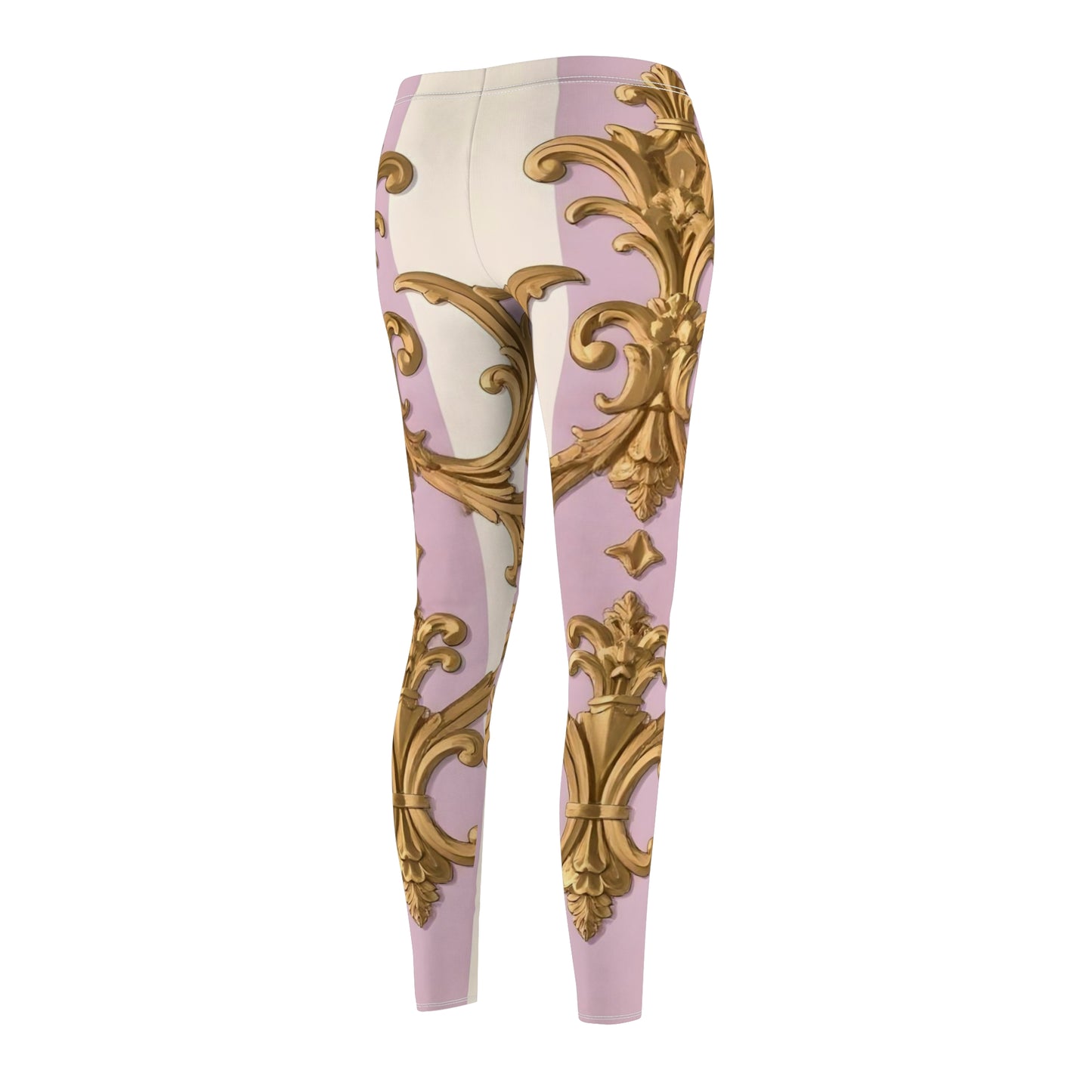 Elegantly Designed Women's Casual Leggings - Perfect for Everyday Style, Workout, or Lounging - Lilac & Alabaster Striped Gold Baroque