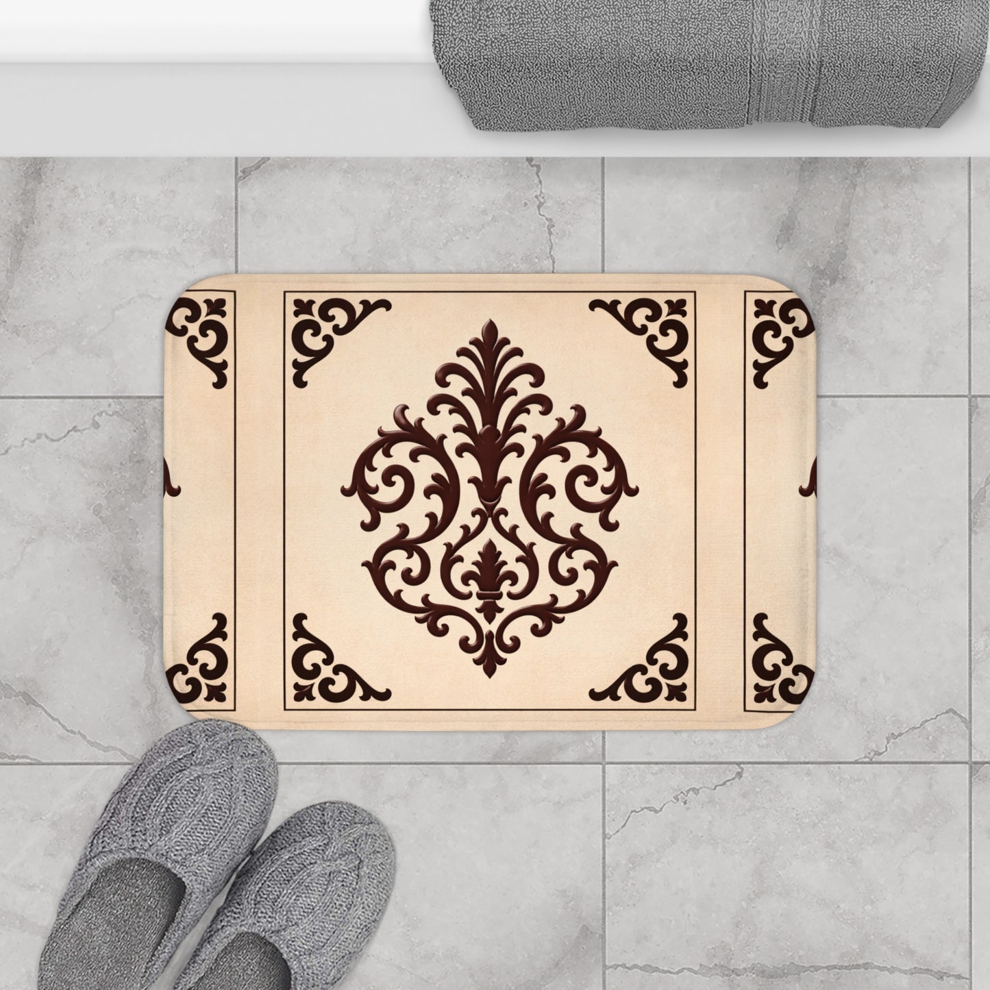 Almond-Beige & Brown Baroque Bath Mat – Beige & Brown Decorative Bathroom Rug
