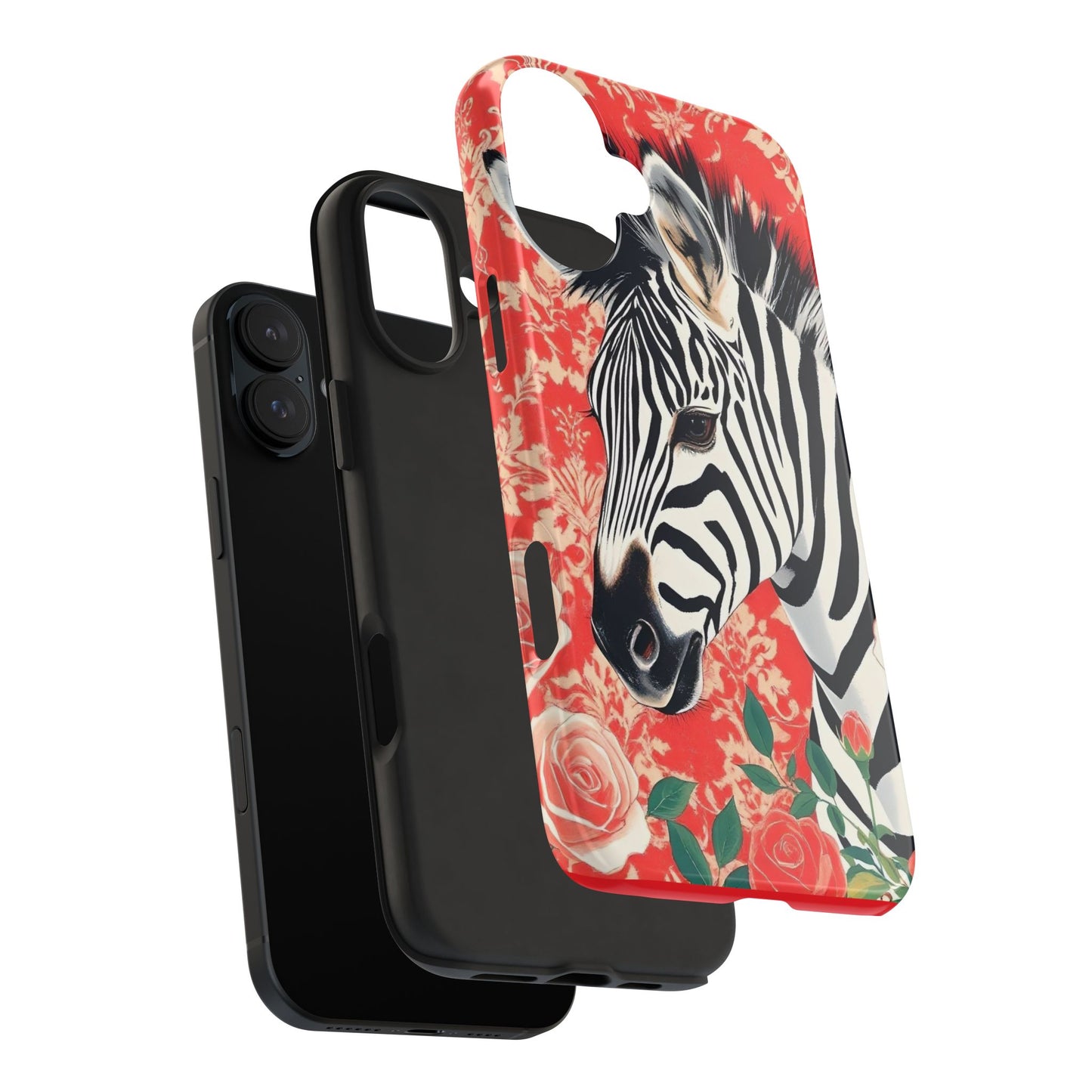 Zebra Tough Phone Case - Trendy Floral Design for Animal Lovers - Zebra With Coral Roses & Damask
