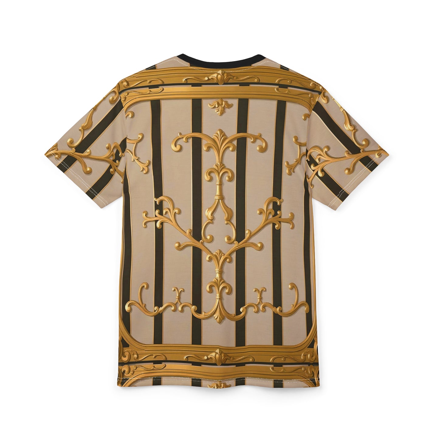 Luxurious Baroque Unisex Tee, Gold and Black Fashion Shirt for Casual Wear - Beige Striped Gold Rococo