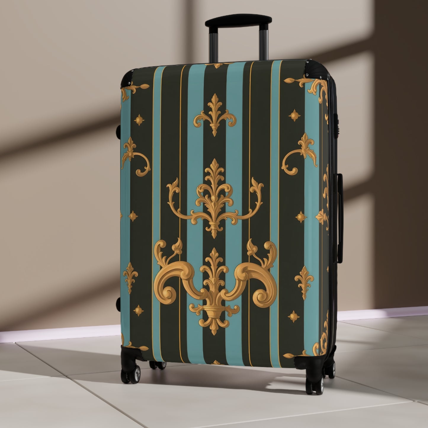 Elegant Vintage Striped Suitcase, Travel Luggage, Stylish Travel Gear, Unique Gift for Travelers, Sturdy Cabin Bag - Black & Turquoise Striped Baroque