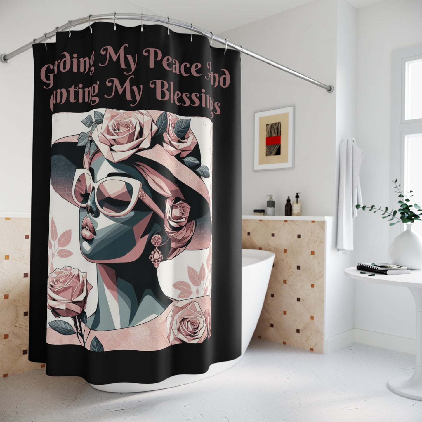 Elegant Floral Shower Curtain - "Guarding My Peace And Counting My Blessings" - Home Decor, Bathroom Accessories, Gift Idea, Self-Care