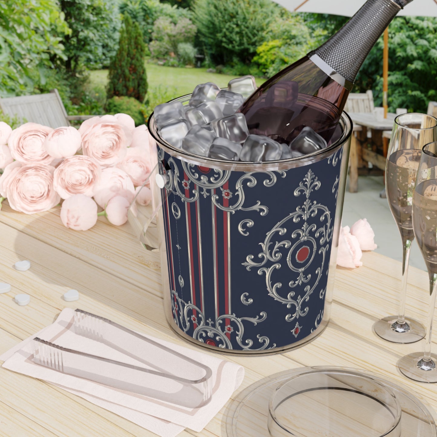 Elegant Ice Bucket with Tongs - Perfect for Parties, Weddings, or Home Bars, Decorative Drink Chiller - Blue & Red Striped Silver Baroque