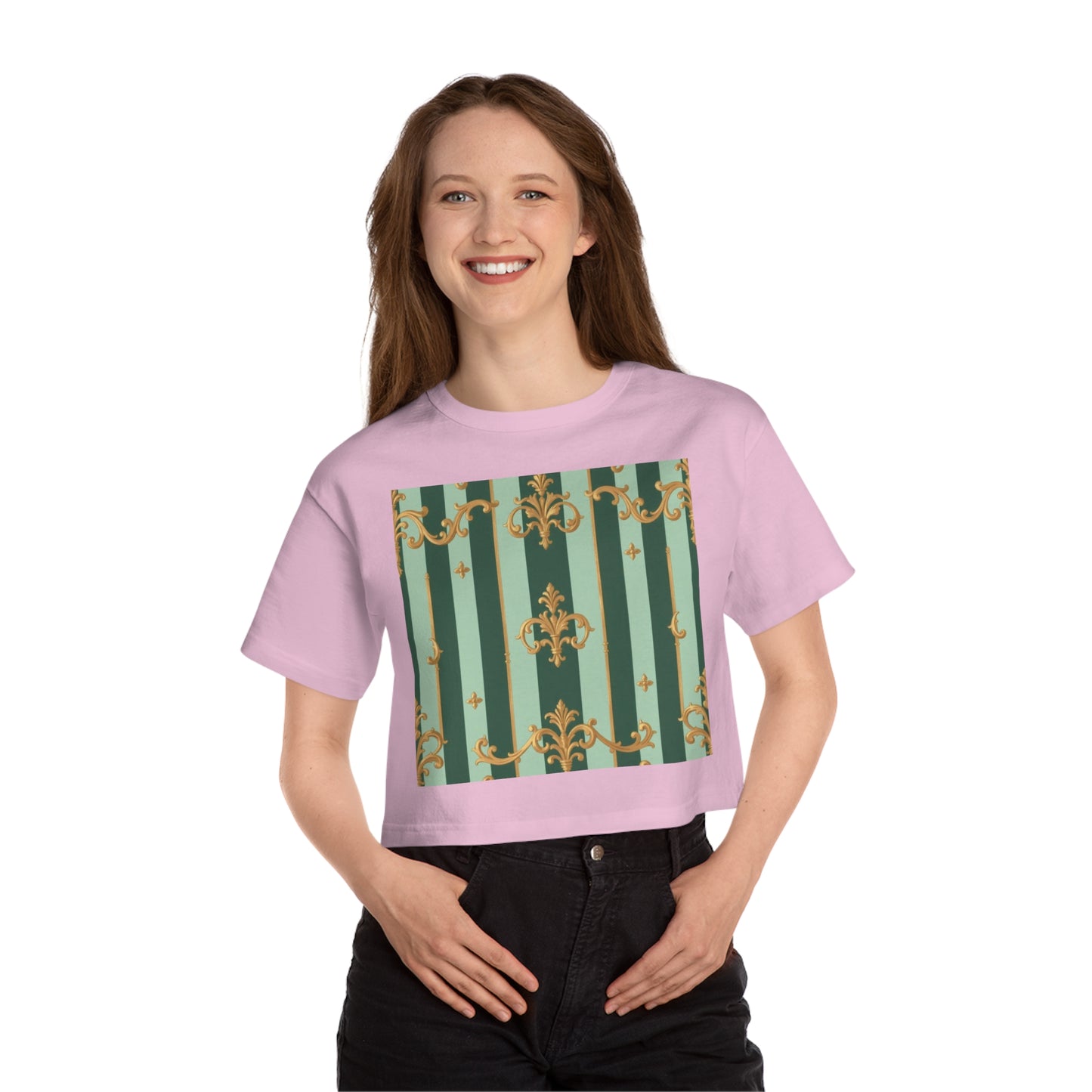 Stylish Cropped T-Shirt with Elegant Pattern, Casual Wear, Perfect for Summer Outings - Mint Green & Teal Striped Gold Baroque