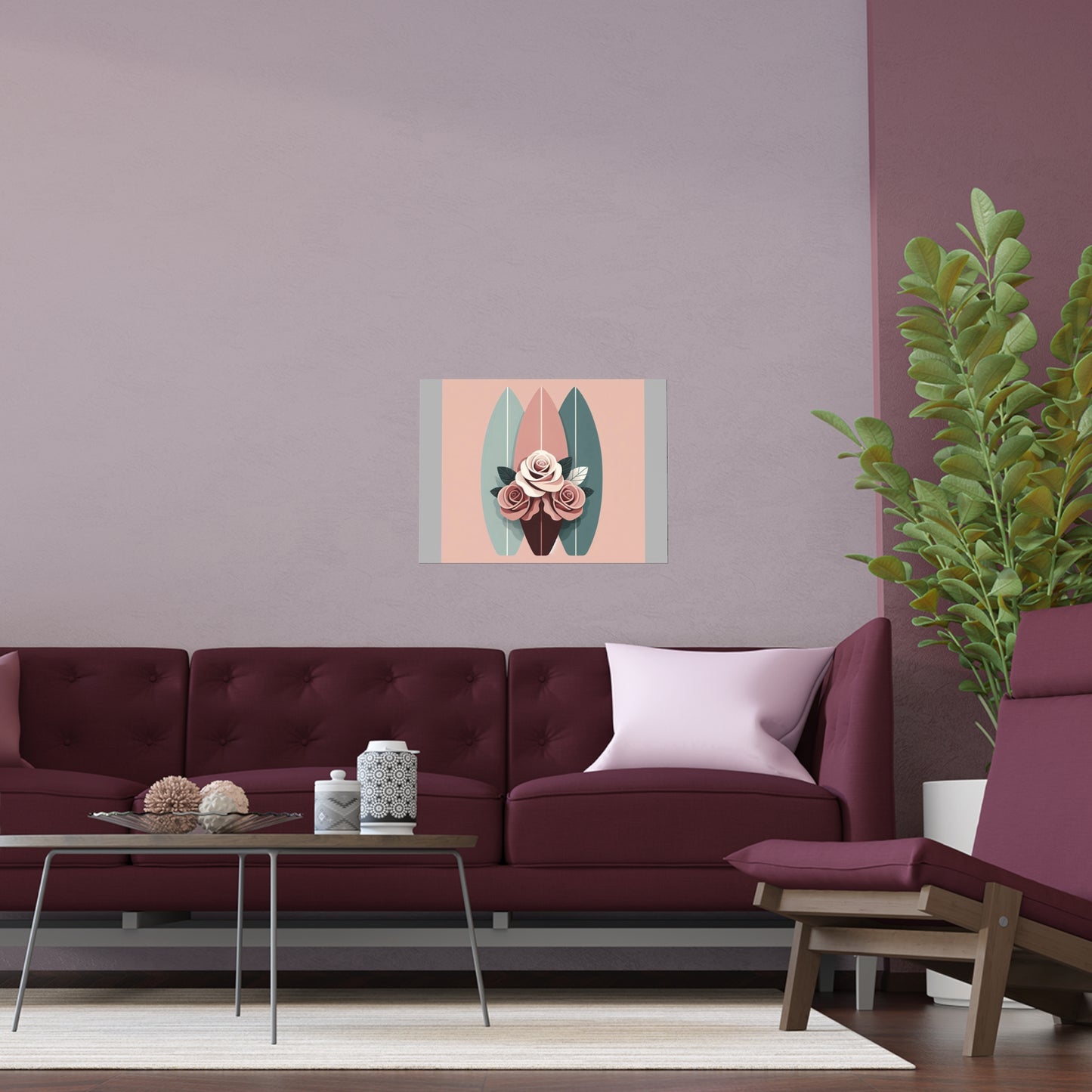 Elegant Floral Silk Poster - Indoor/Outdoor Wall Art for Home Decor - Burgundy, Matte Mauve & Teal Surfboard & Roses
