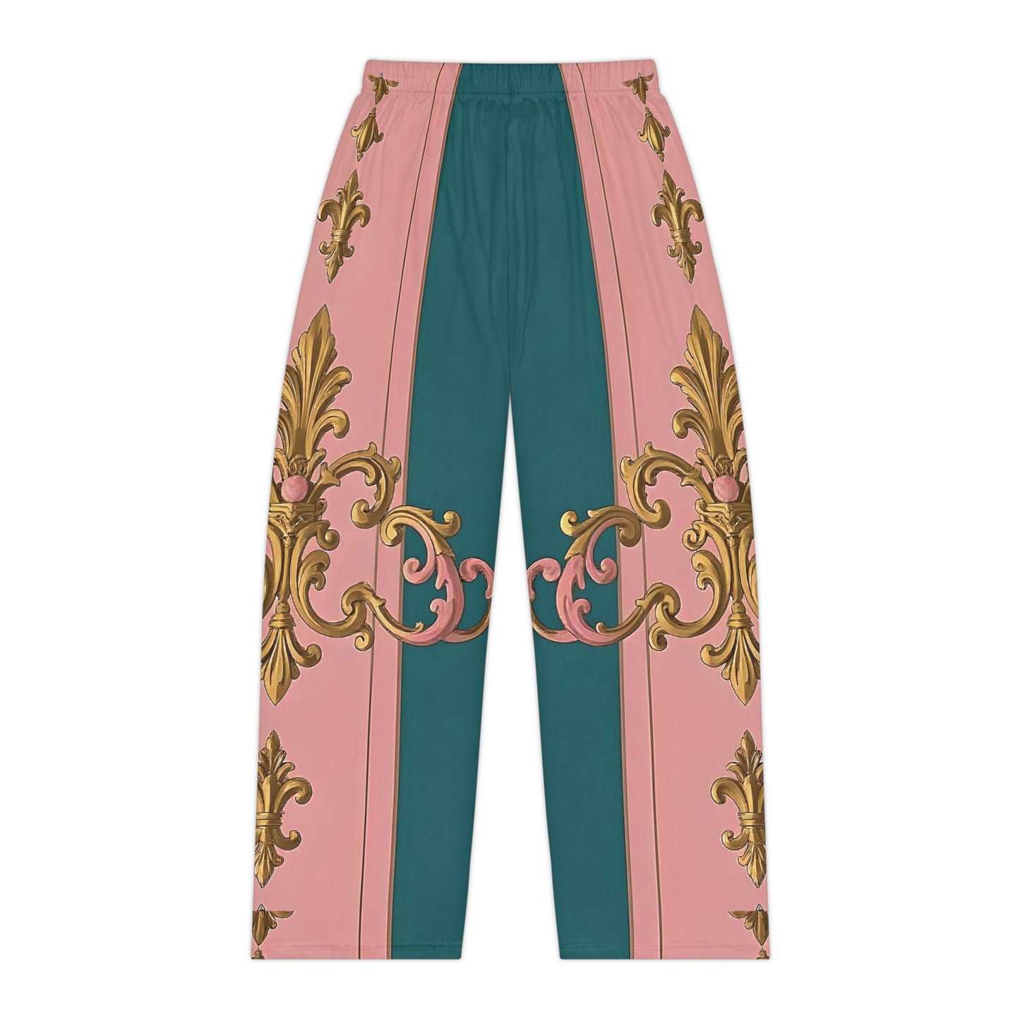 Elegant Floral Women's Pajama Pants, Cozy Loungewear, Gift for Her, Relaxation, Sleepwear - Pink & Teal Striped Gold Baroque