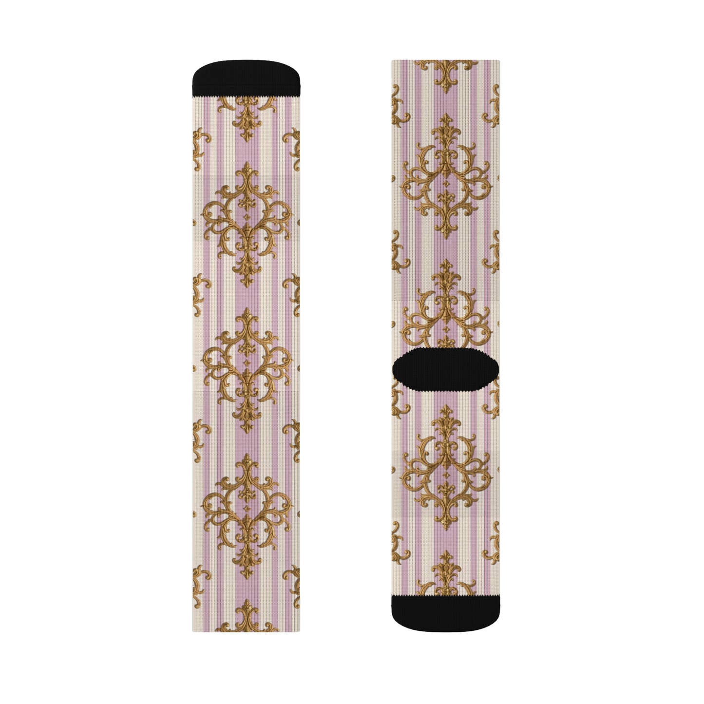 Elegant Vintage-Themed Sublimation Socks, Cozy Footwear, Comfortable Socks, Gifts for Her - Lilac & Alabaster Striped Gold Baroque