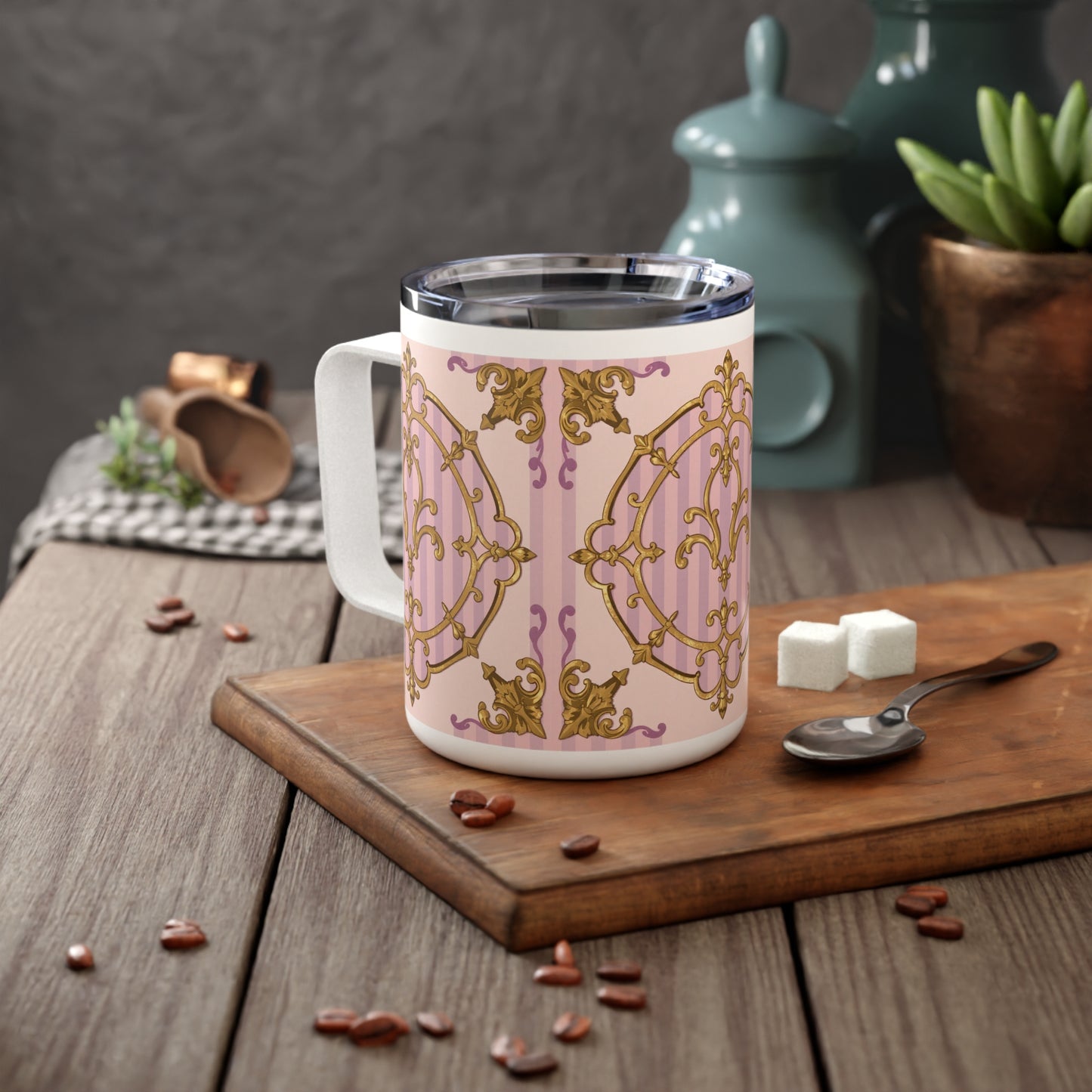 Elegant Lavender & Alabaster Striped Gold Baroque Insulated Coffee Mug | 10oz Decorative Drinkware, Floral Mug, Stylish Gift for Her