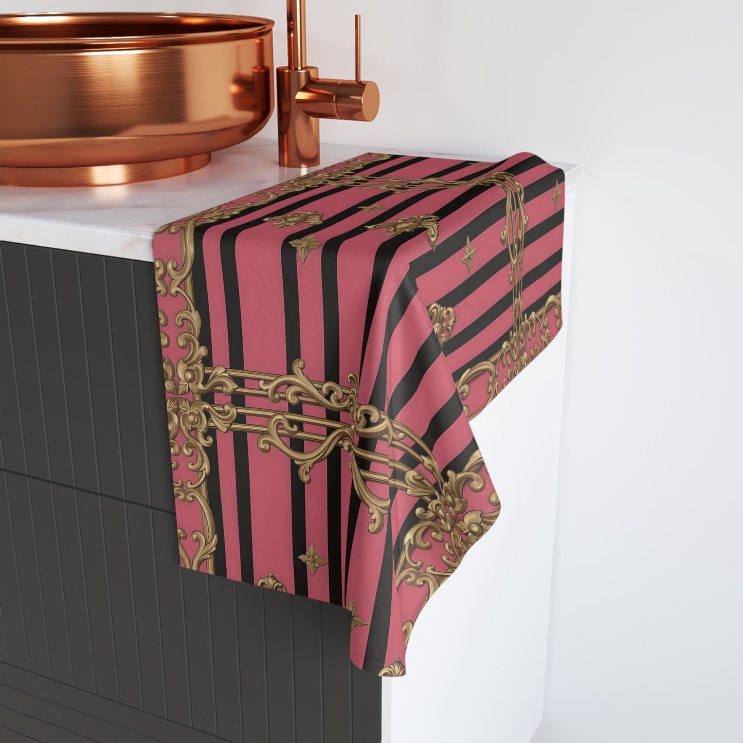 Chic Patterned Hand Towel with Gold Accents, Kitchen Decor, Glamorous Bathroom Towel, Elegant Home Accessory - Pink Striped Gold Rococo