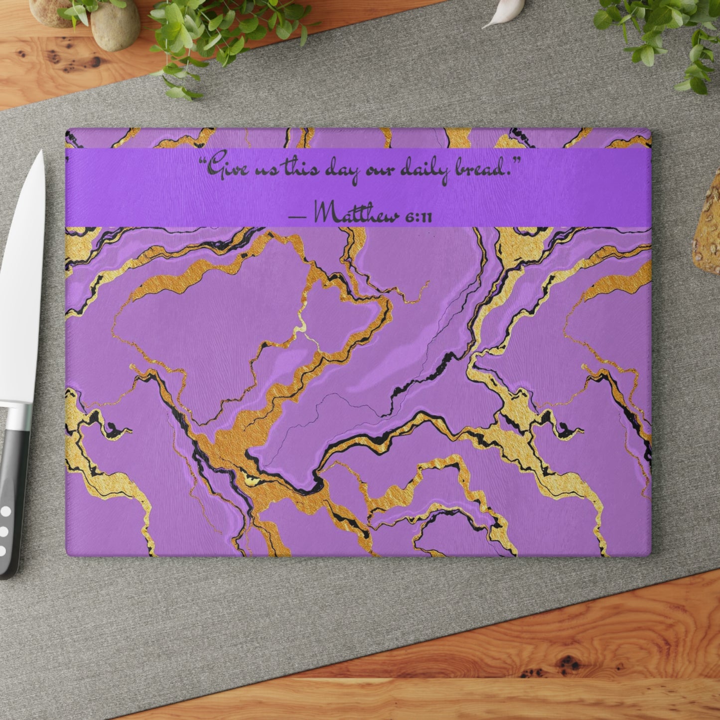 Elegant Lavender Marble Glass Cutting Board, Kitchen Decor, Wedding Gift, Hostess Gift, Unique Gift for Foodies - Matthew 6:11