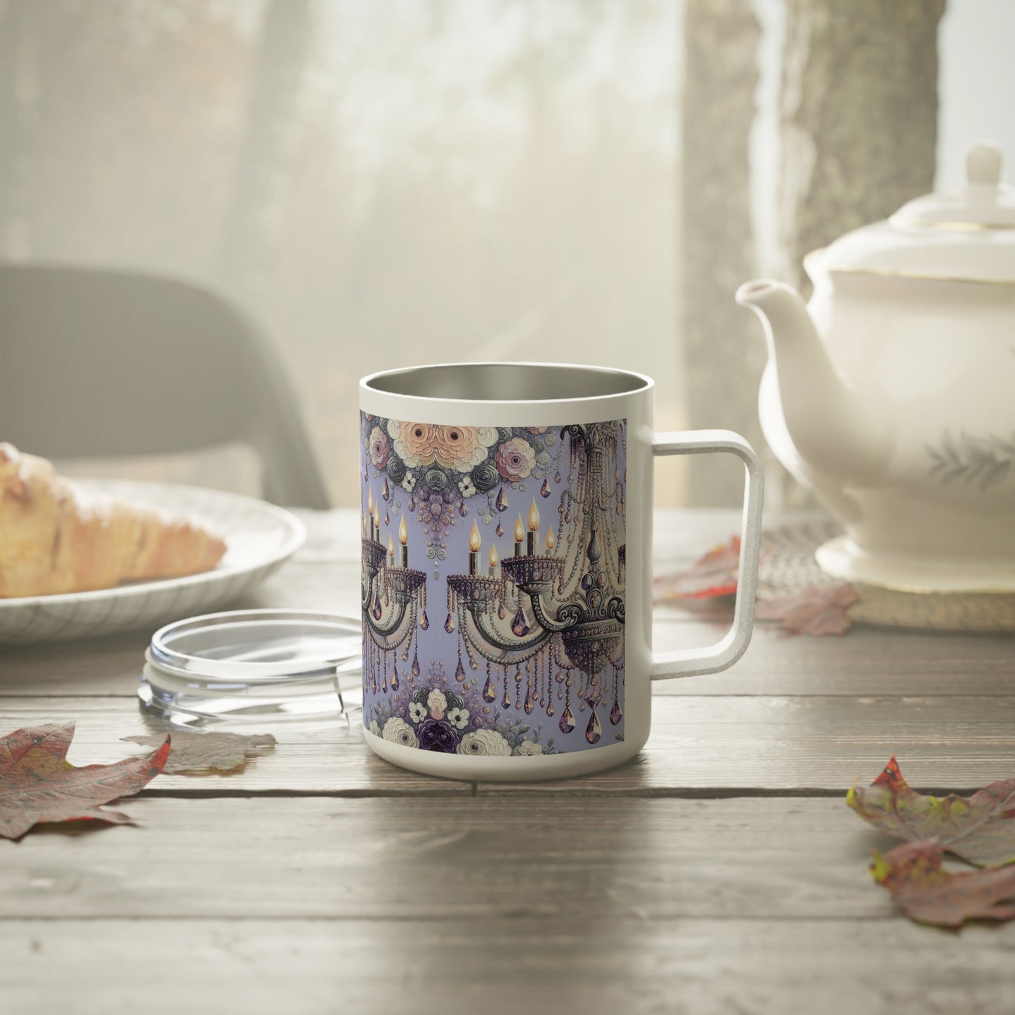 Elegant Floral Chandelier Coffee Mug, Insulated Drinkware for Home, Office, and Gifts - Lilac Jeweled Chandelier