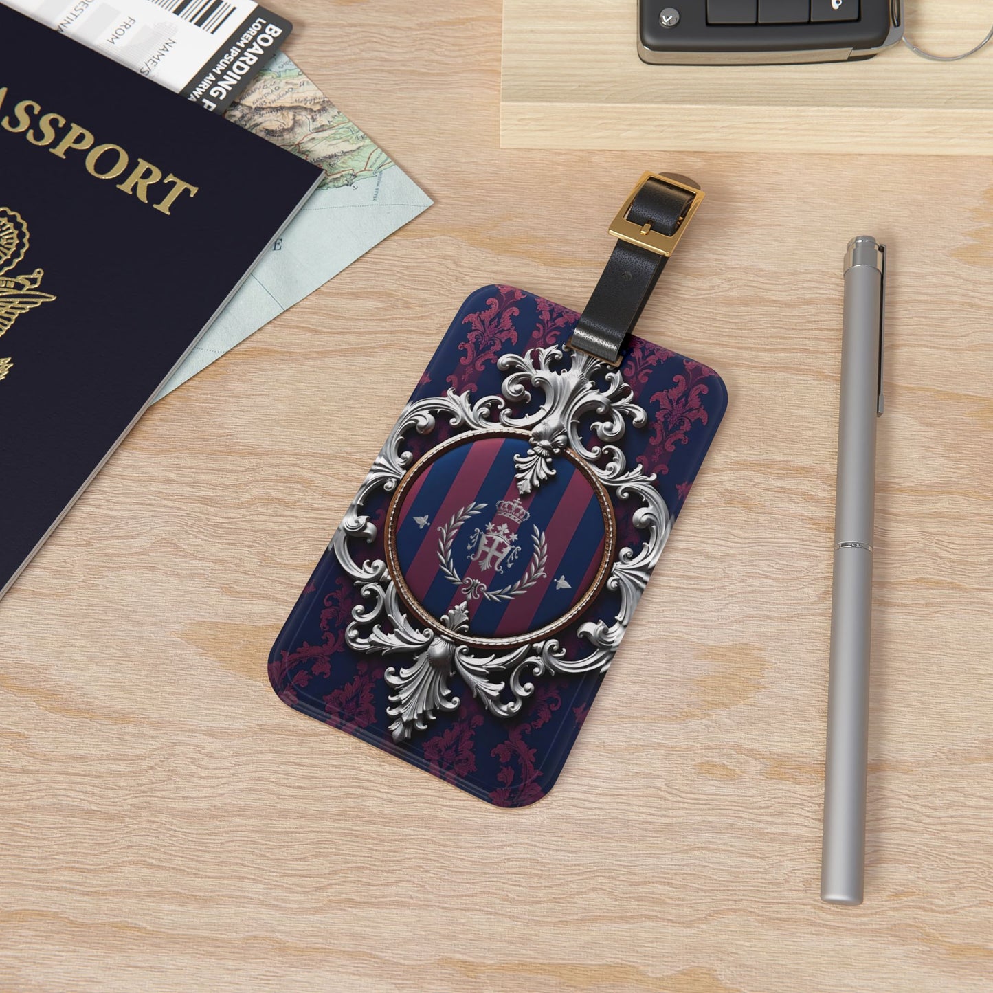 Elegant Vintage-Inspired Luggage Tag, Travel Accessory, Personalized Baggage Identifier, Unique Gift for Travelers - Blue & Plum Striped Silver Crest