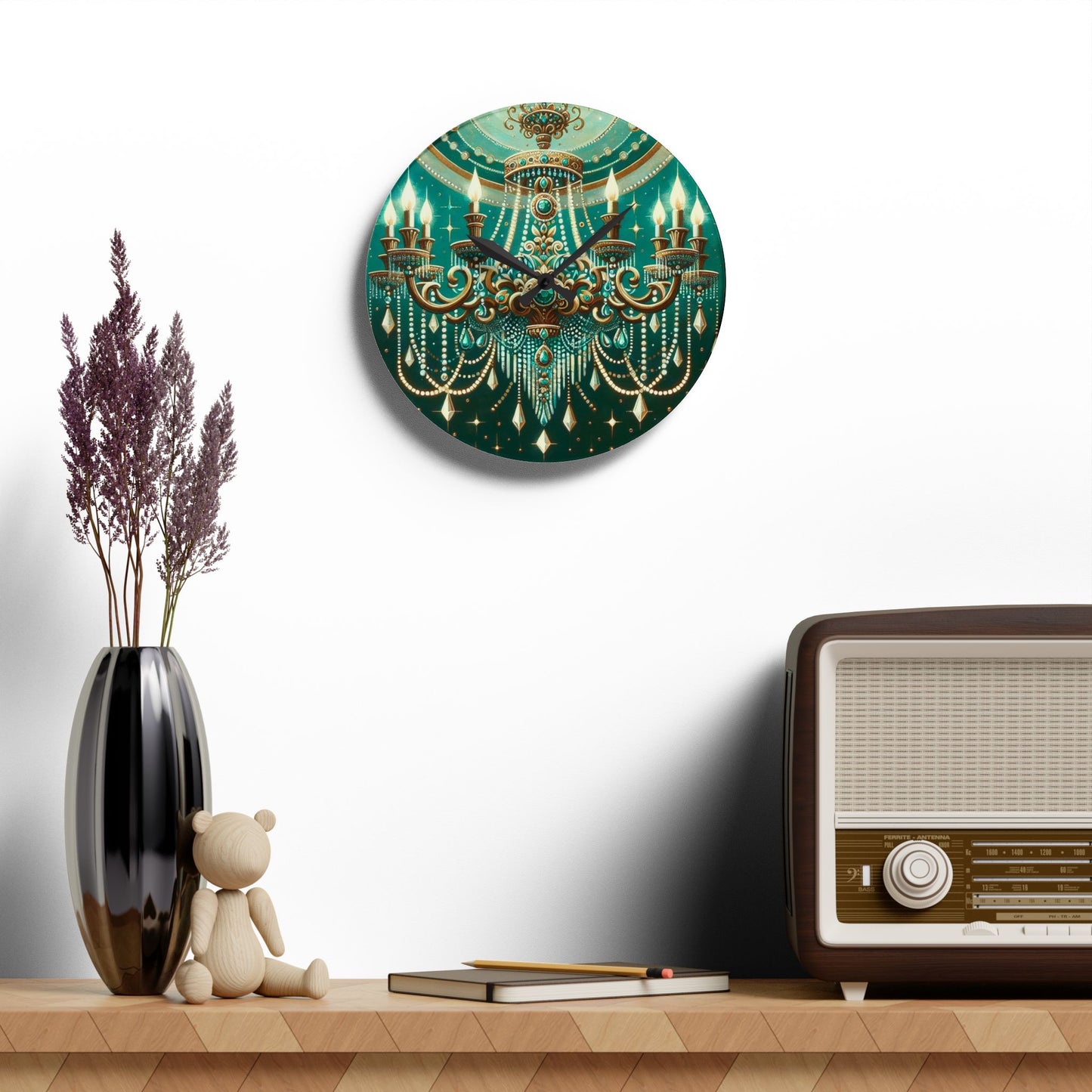 Chic Chandelier Acrylic Wall Clock, Elegant Home Decor, Modern Timepiece, Unique Gift, Wall Art - Green & Gold Jeweled Chandelier