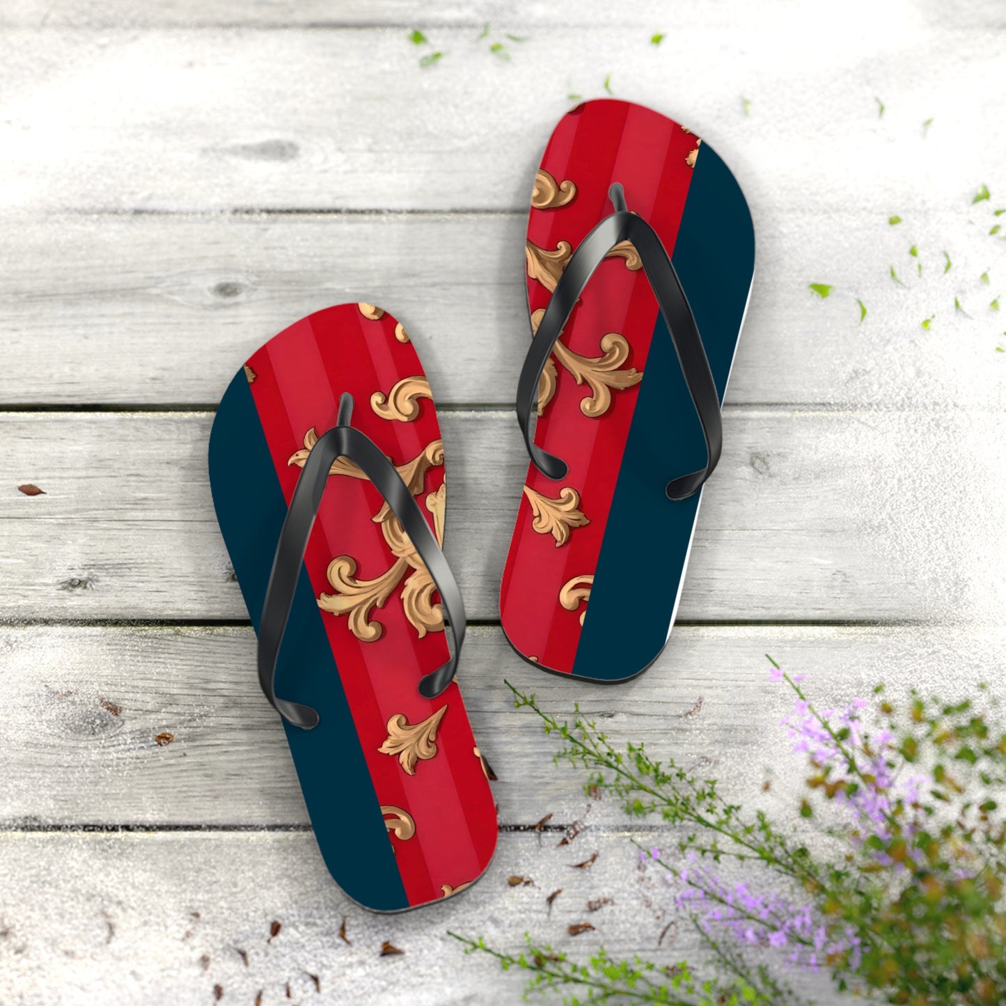 Stylish Flip Flops for Summer Fun, Beach Footwear, Vacation Sandals, Poolside Flip Flops, Casual Summer Shoes - Blue & Red Striped Baroque