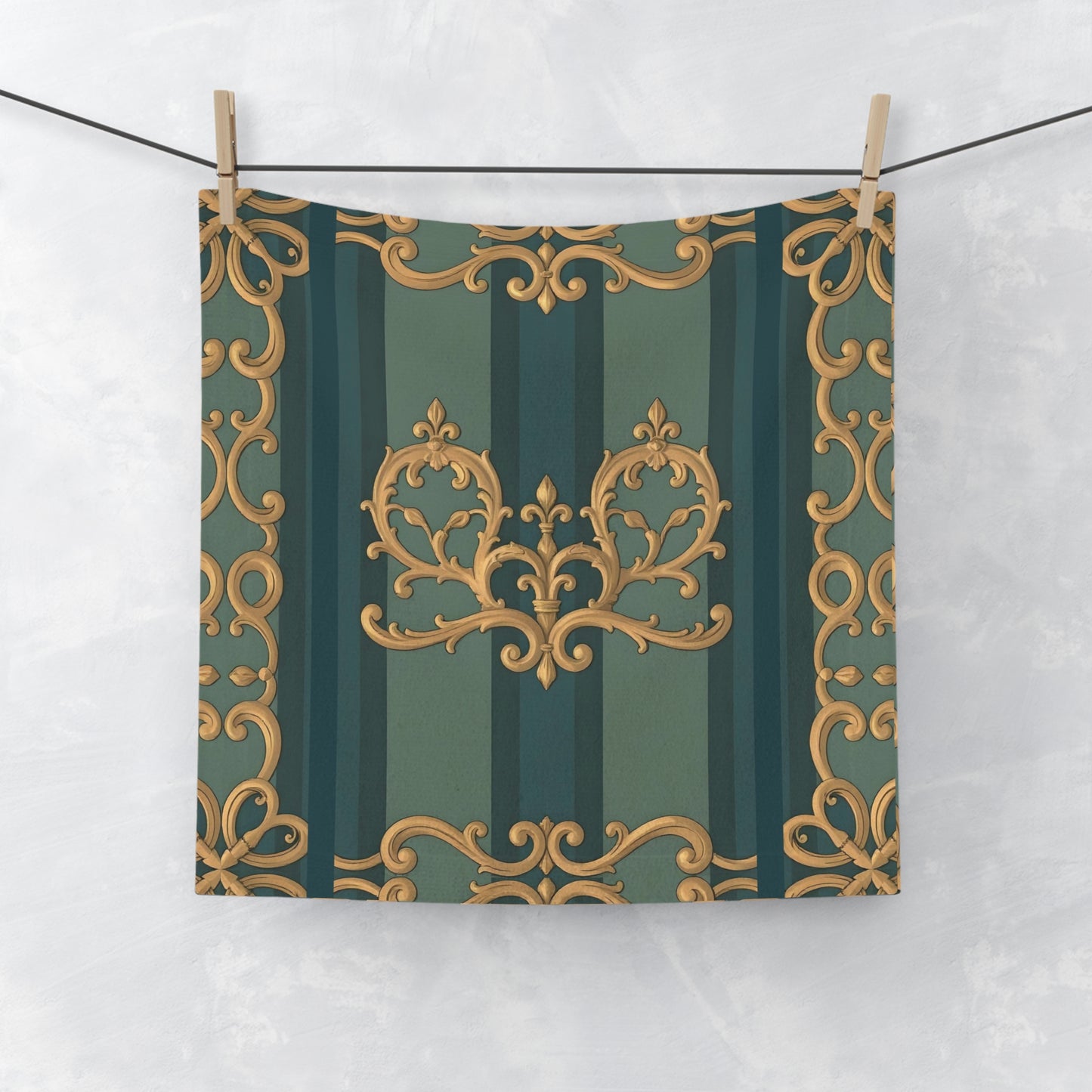 Elegant Floral Face Towel for Home Spa and Everyday Use - Smoky Blue & Teal Striped Baroque