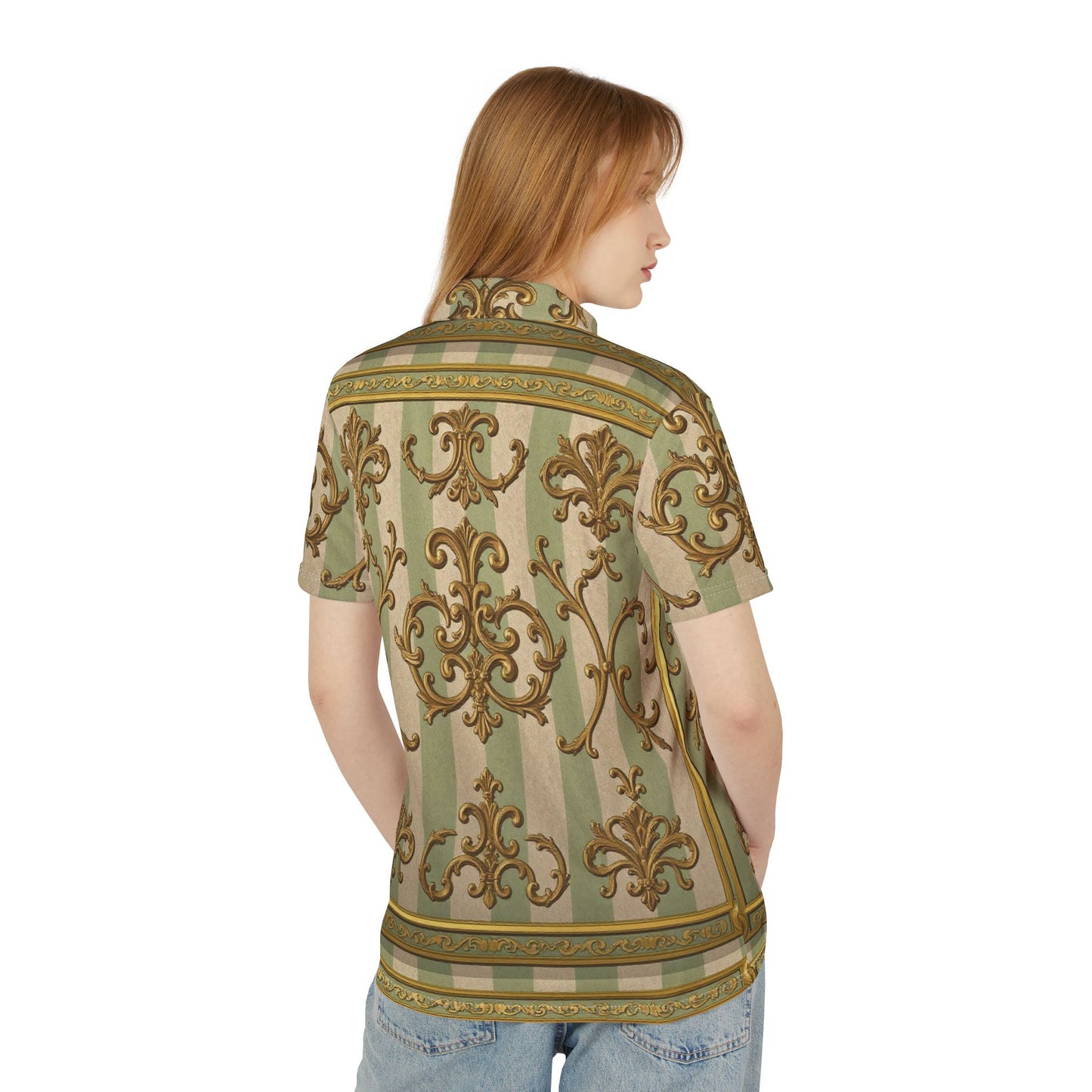 Elegant Floral Unisex Polo Shirt, Stylish Casual Wear, Gift for Him, Gift for Her, Summer Fashion, Daily Wear - Mint & Beige Striped Gold Baroque