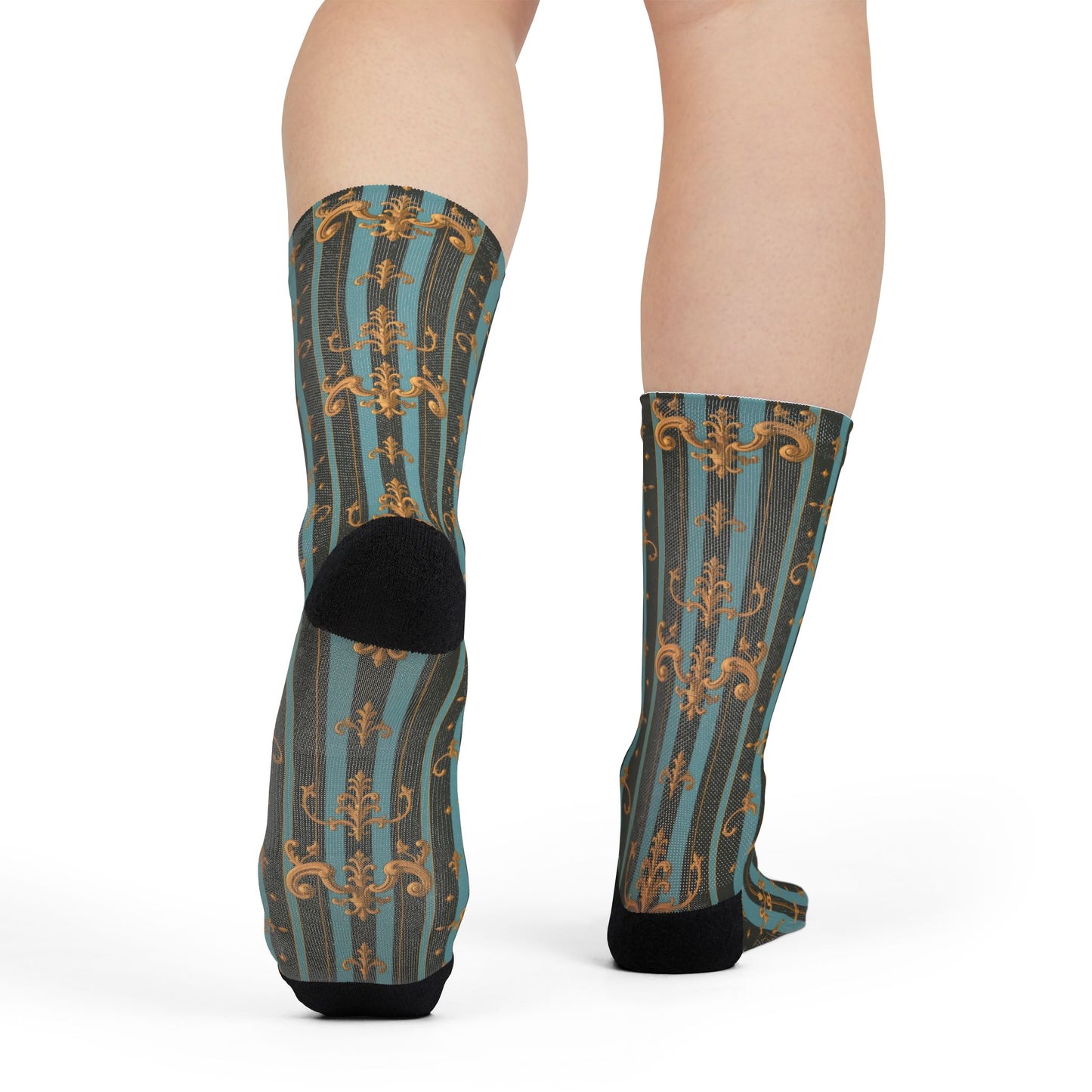 Stylish Sublimation Crew Socks, Unique Patterned Socks, Fashion Accessories for Everyday Use, Gift for Her/Him - Black & Turquoise Striped Baroque