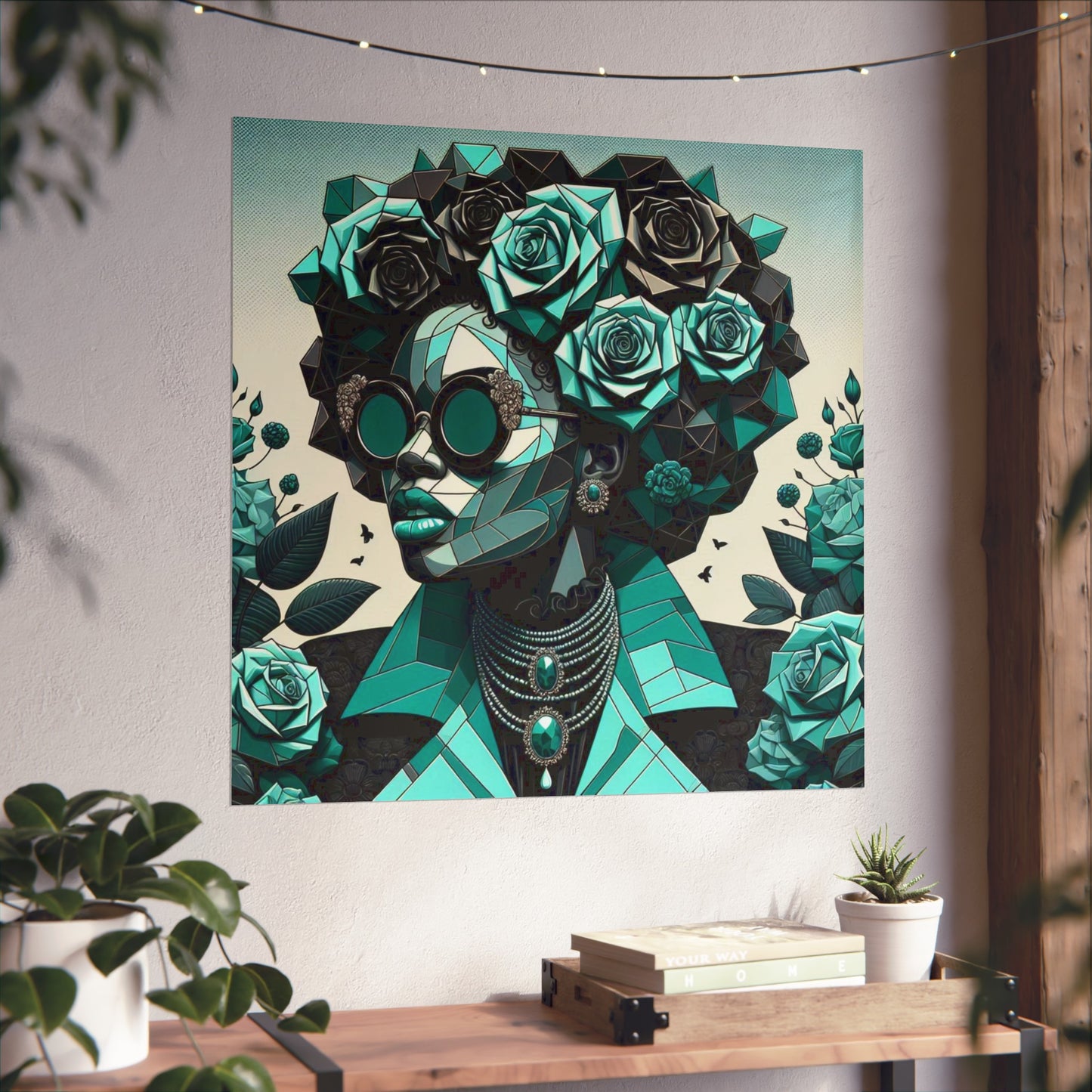 Chic Floral Fine Art Poster | Modern Wall Decor, Home Aesthetic, Gift for Art Lovers, Unique Room Makeover - Turquoise & Black Roses Lady