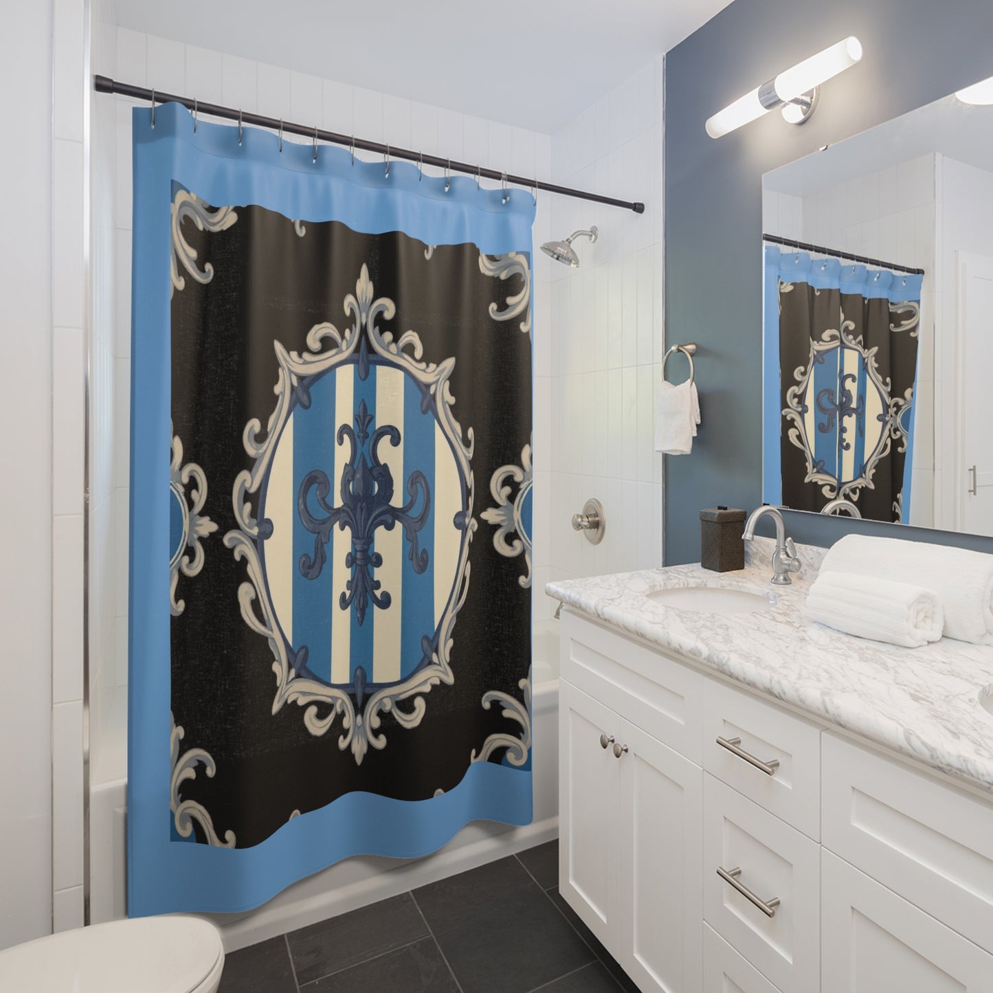 Elegant Blue & Alabaster Striped Baroque Shower Curtains with Ornate Design, Bathroom Decor, Gift for Housewarming
