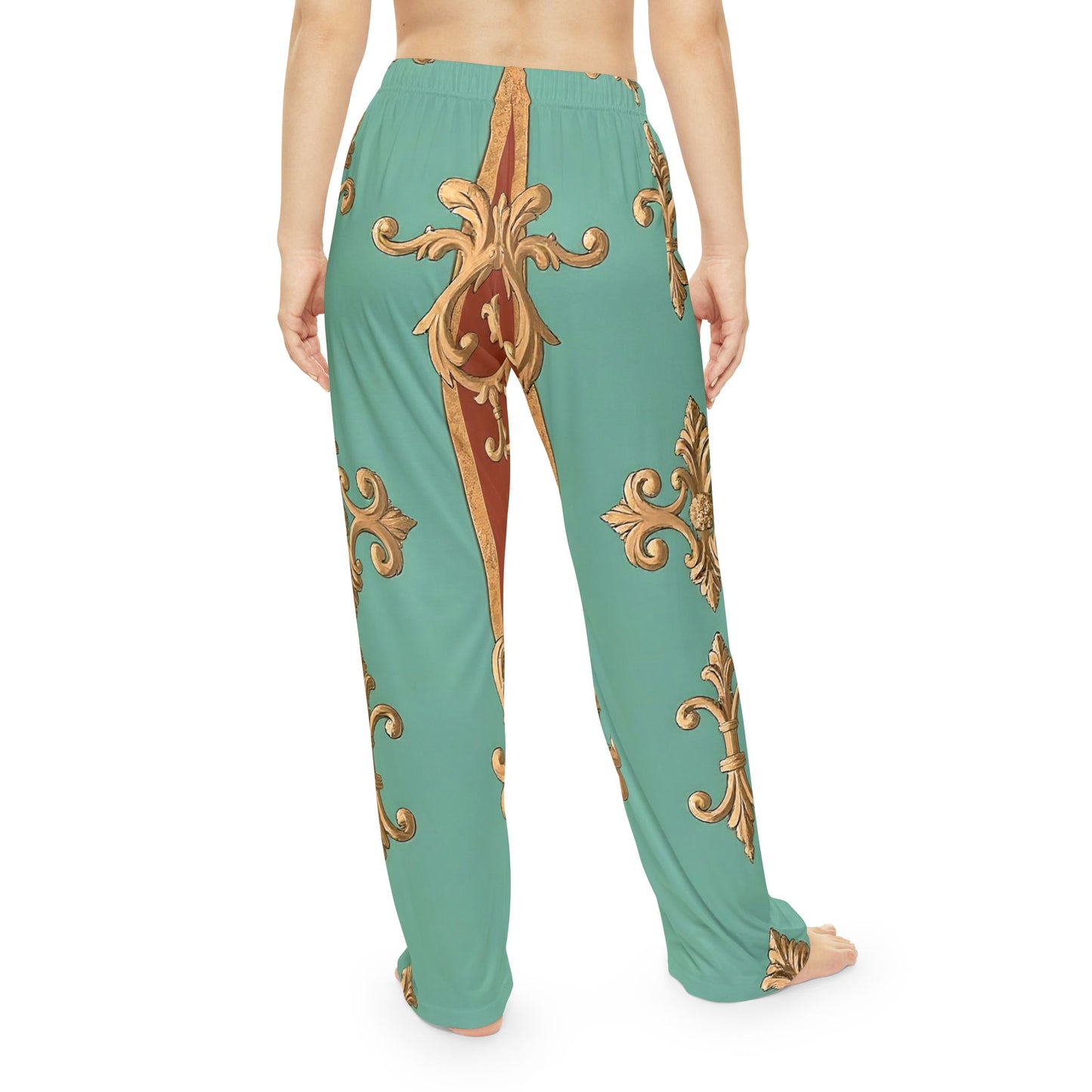 Elegant Women’s Pajama Pants with Decorative Gold Pattern - Rust & Mint Aqua Striped Baroque