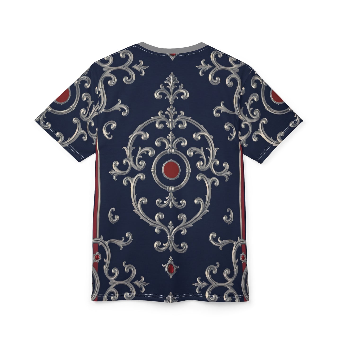 Elegant Unisex Cut & Sew Tee, Stylish AOP T-Shirt for Casual Wear, Unique Graphic Tee - Blue & Red Striped Silver Baroque