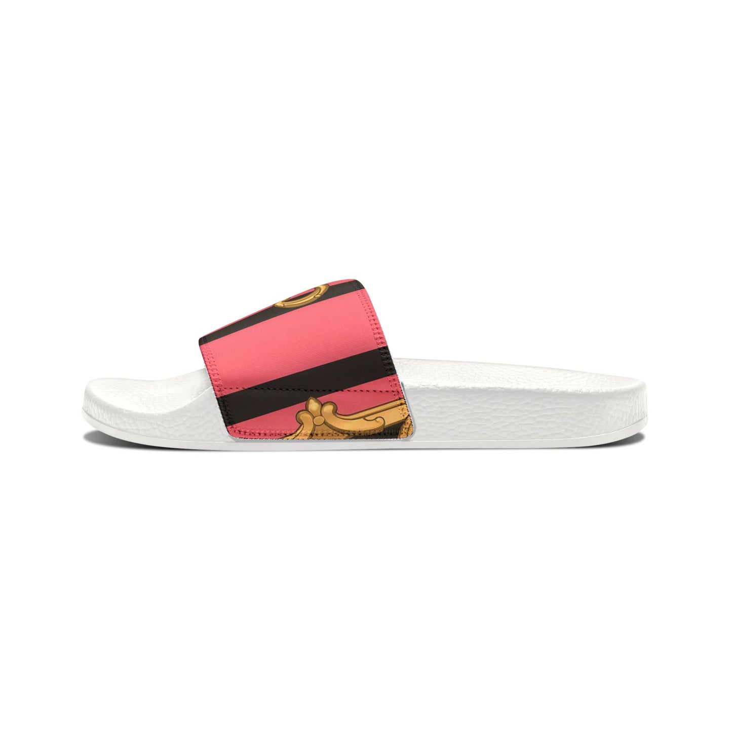Chic Removable-Strap Sandals with Elegant Design, Stylish Summer Footwear, Beach Ready Slides - Pink & Black Striped Gold Baroque