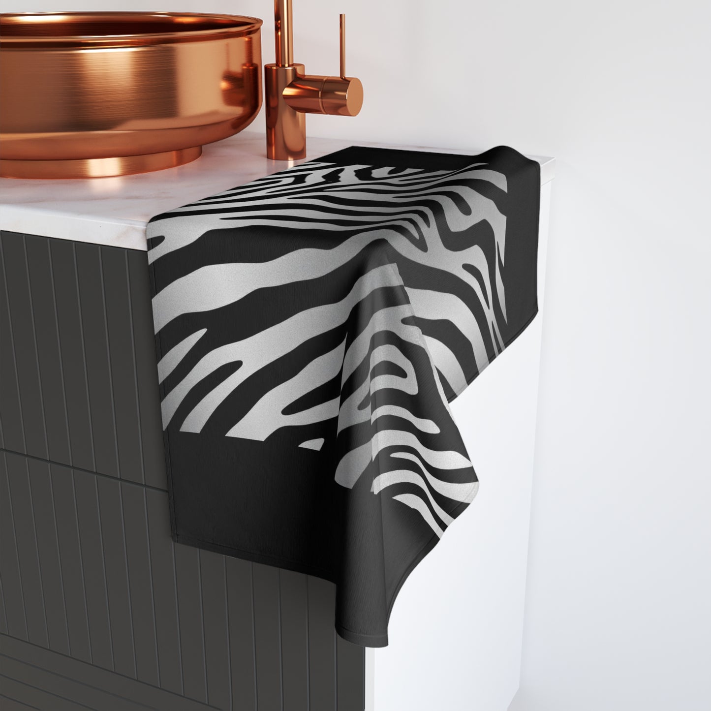 Stylish Zebra Print Hand Towel - Modern Black and Silver Decor - Black Trim