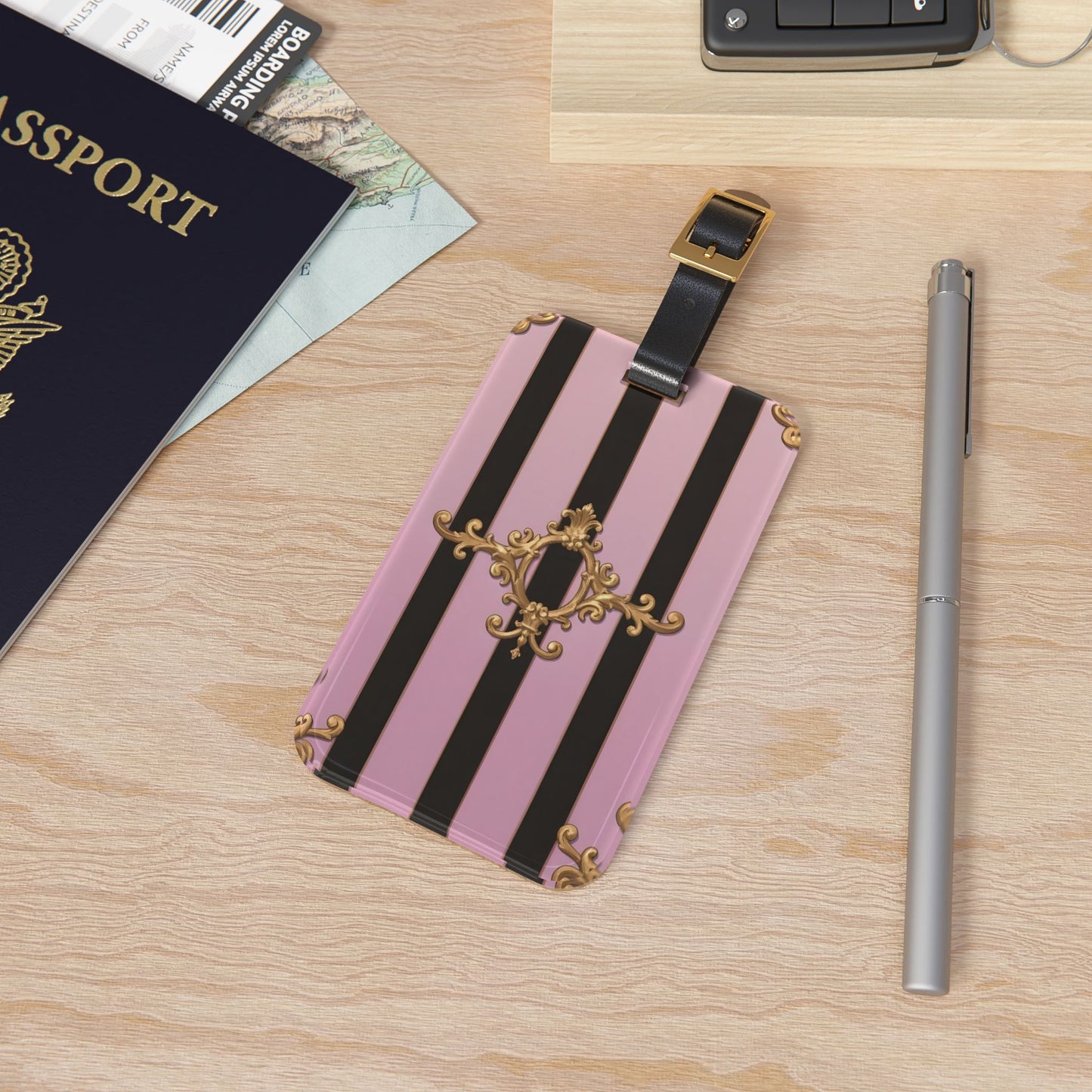 Chic Vintage Luggage Tag - Stylish Travel Accessory, Classy Gift for Travelers, Unique Baggage Tag - Matte Lavender & Black Striped Gold Baroque