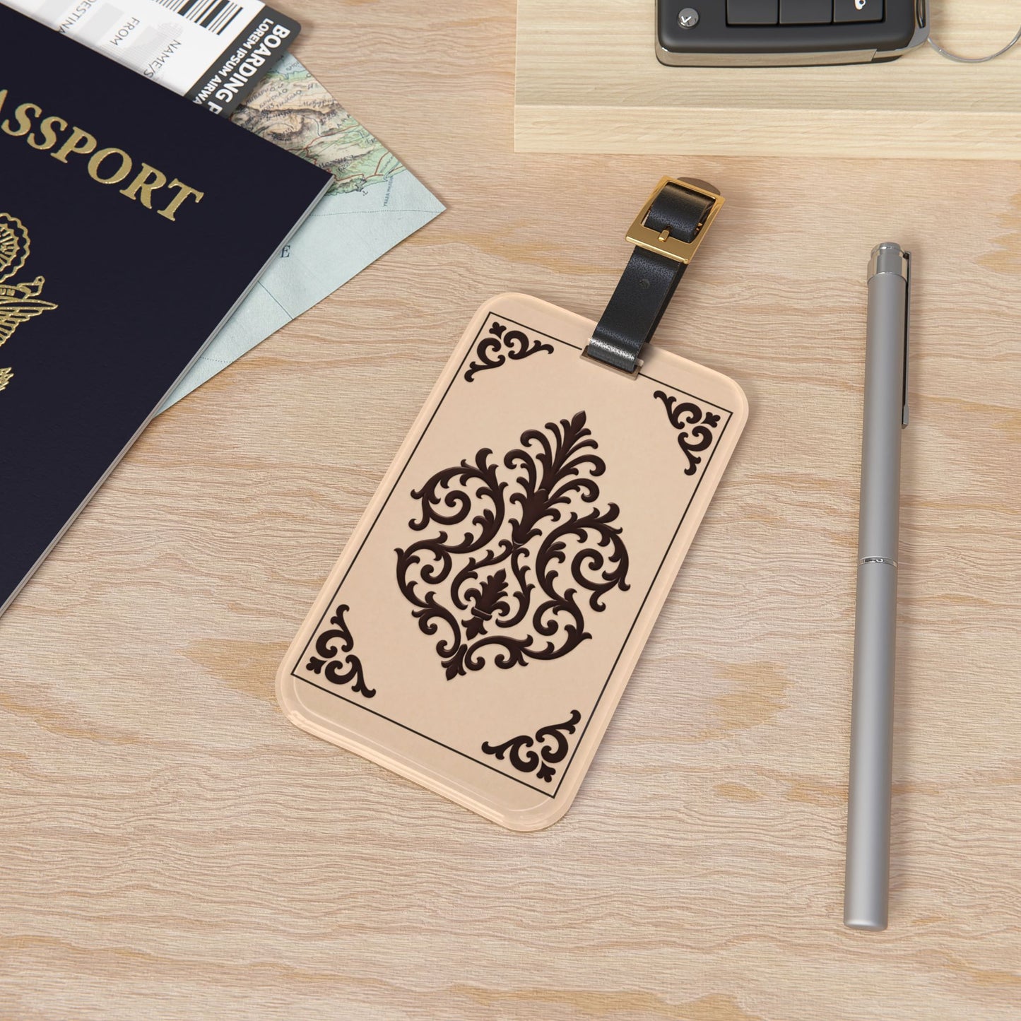 Almond-Beige & Brown Baroque Luggage Tag – Elegant Monogram-Style Travel ID