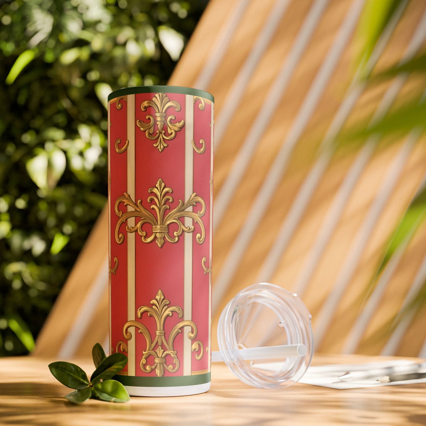 Elegant Green Border Pink Striped Baroque Skinny Tumbler with Straw, Reusable Travel Mug, Gift for Her, Fashionable Drinkware
