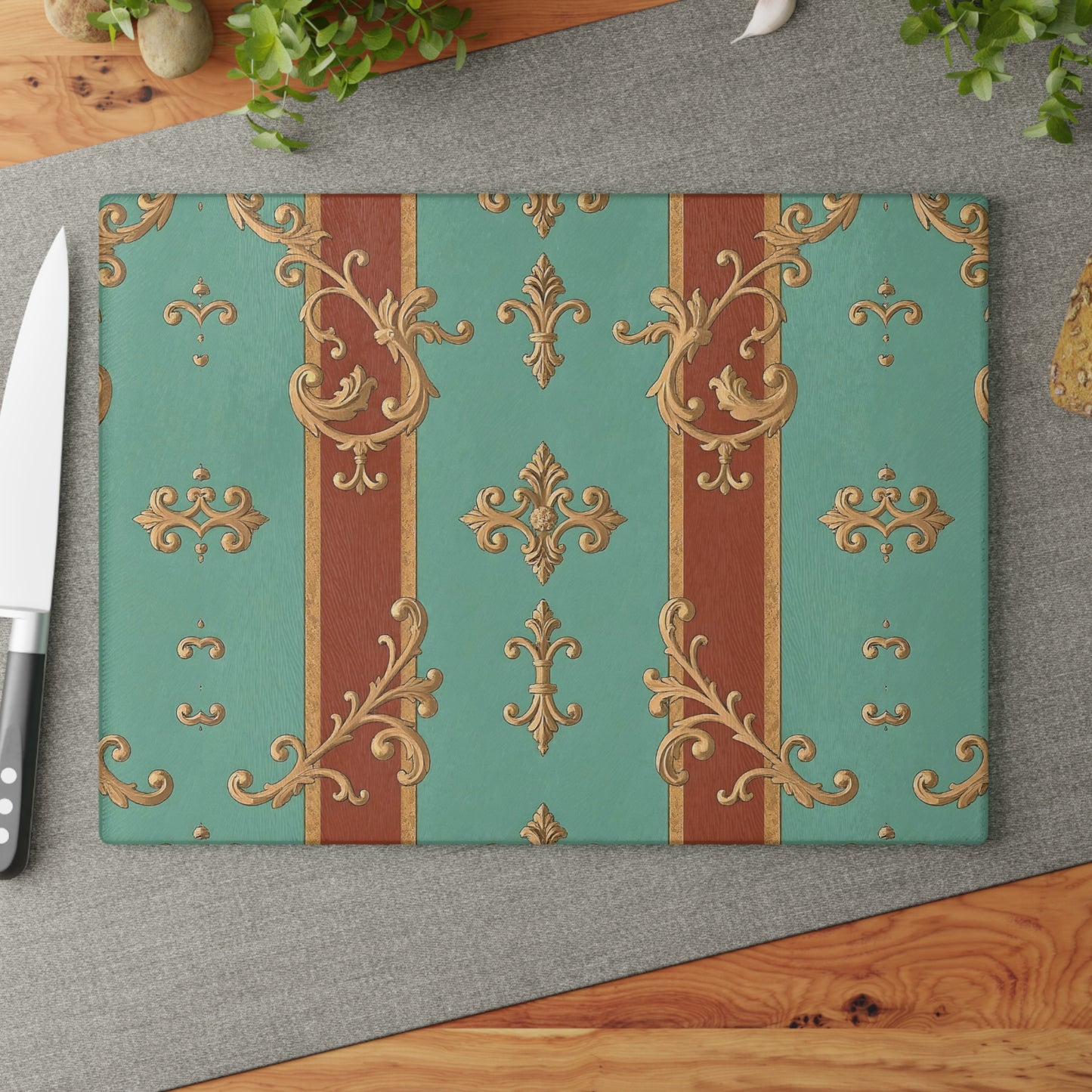 Elegant Decorative Glass Cutting Board, Kitchen Decor, Gift for Chefs, Home Decor, Wedding Gift - Rust & Mint Aqua Striped Baroque