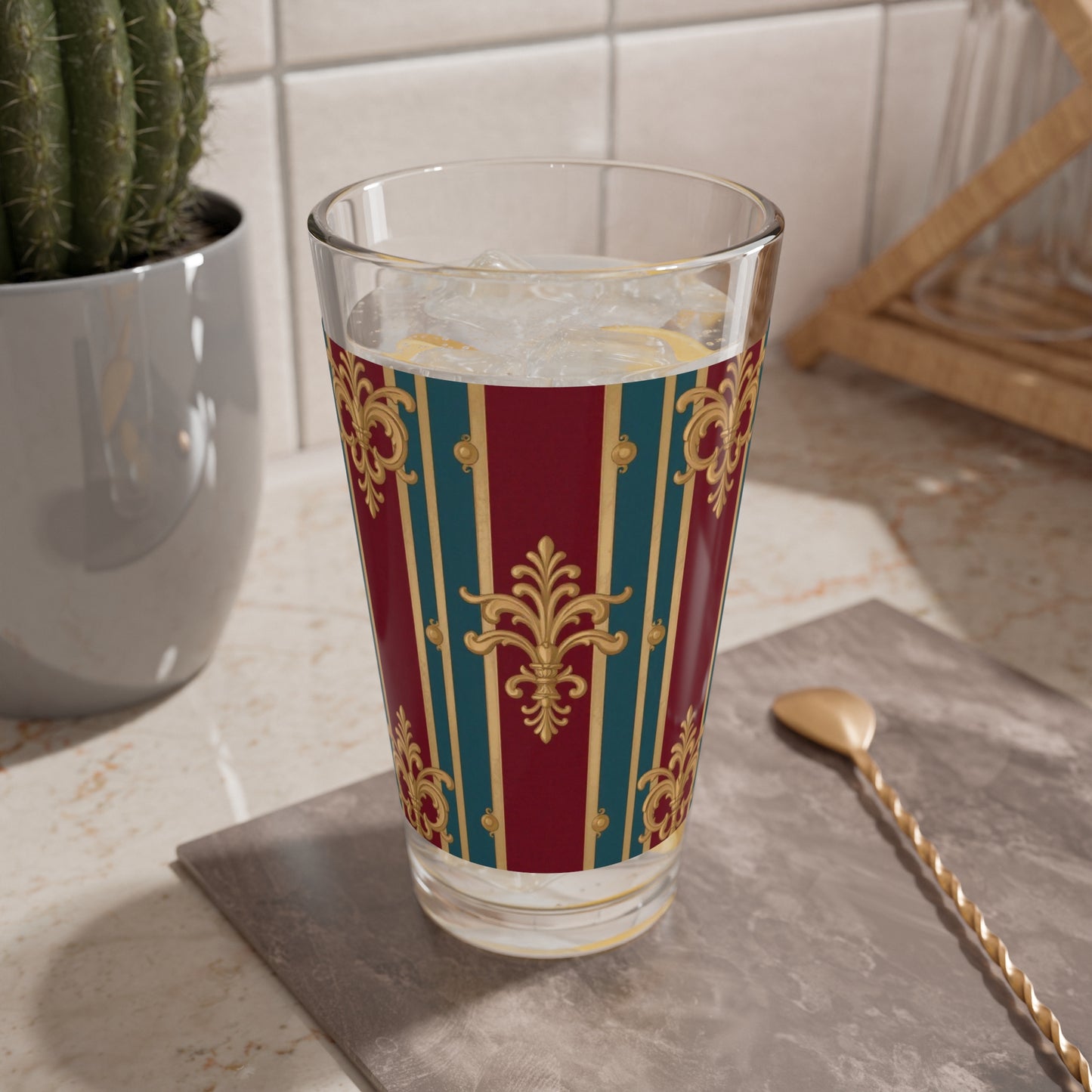 Vintage-Inspired Mixing Glass with Elegant Pattern, Perfect for Cocktails, Parties, Home Bars, Gift Idea - Burgundy Striped Gold Baroque