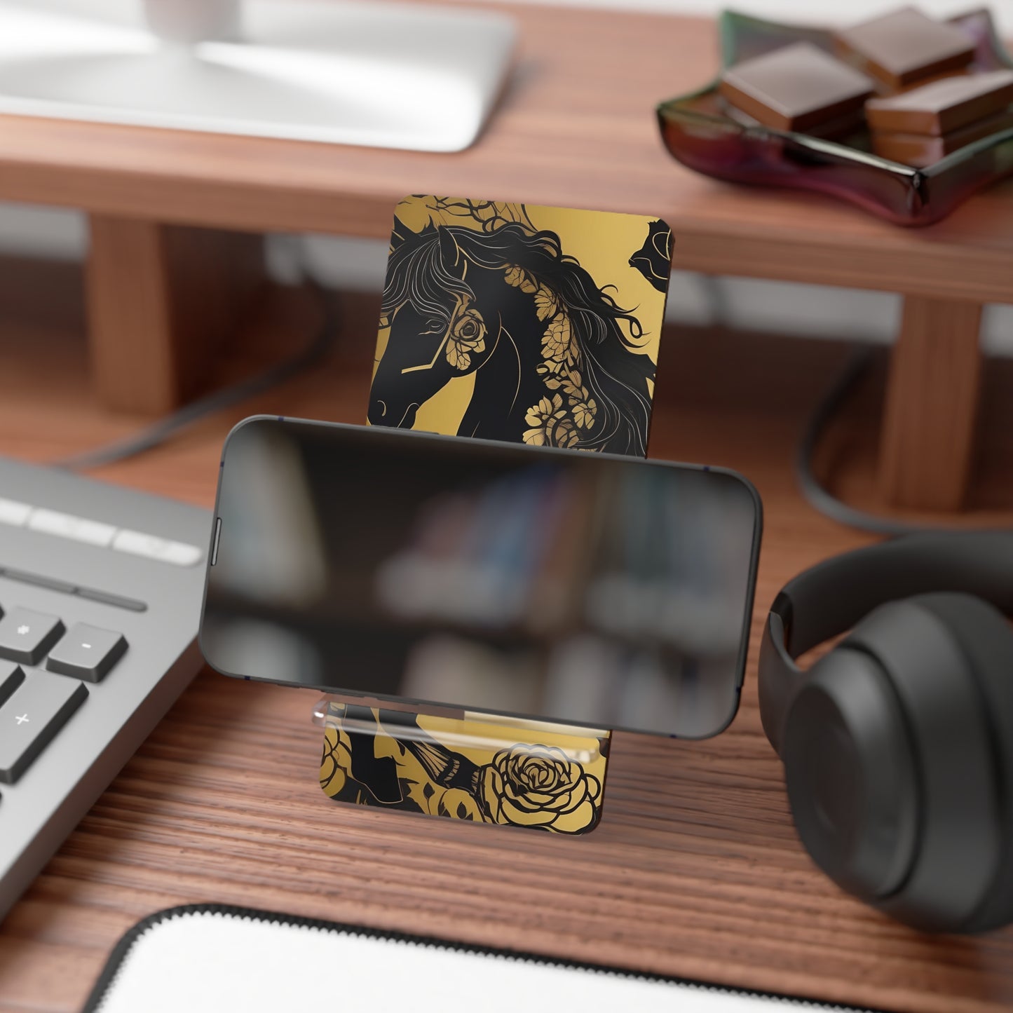 Smartphone Stand - Elegant Horse Design - Black & Gold Decorative Holder