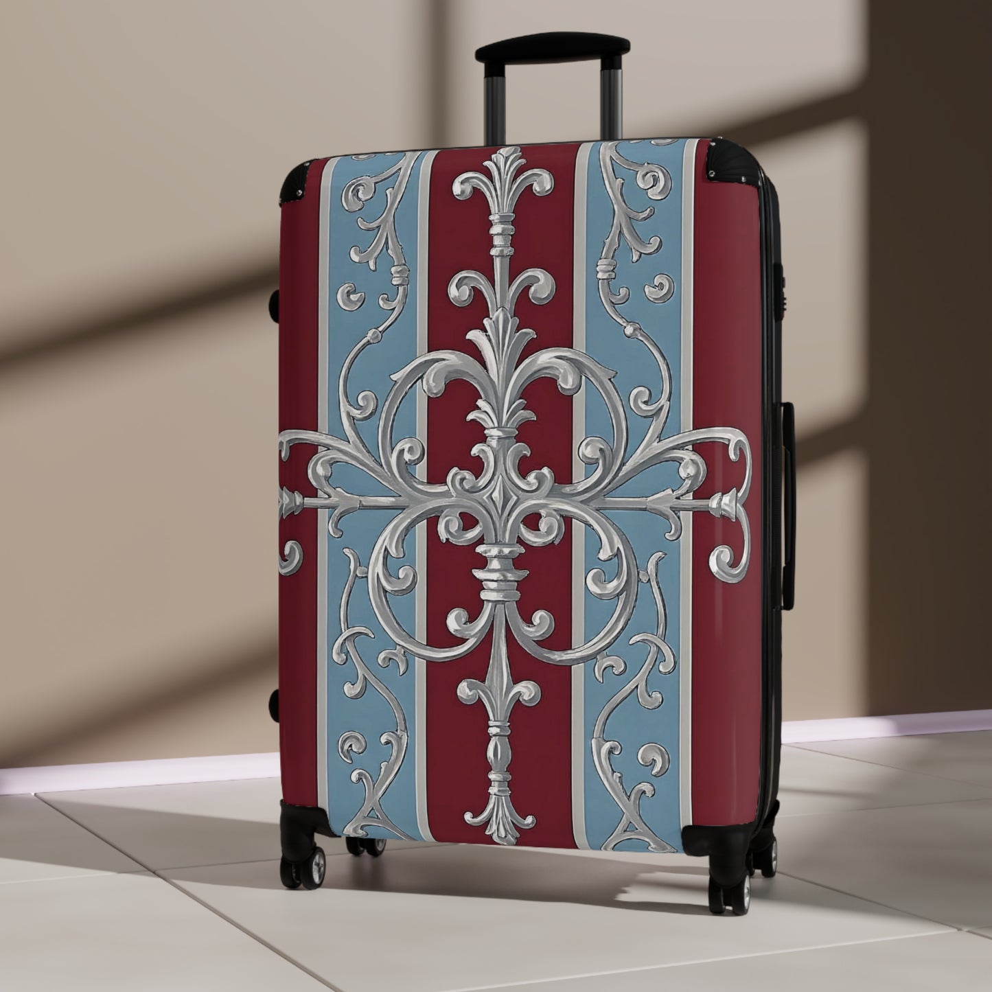 Stylish Travel Suitcase with Elegant Floral Design - Ice Blue & Burgundy Striped Baroque