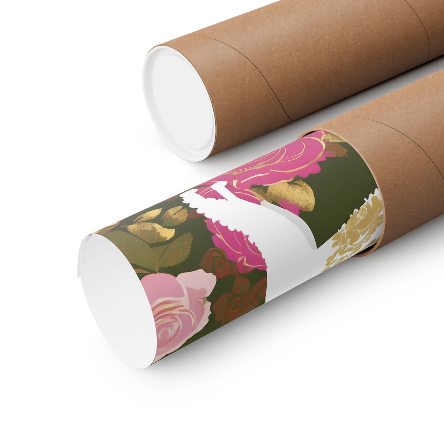Vertical Poster - Elegant Matte Floral Art Wall Decor - Damask White Poodle and Pink Roses