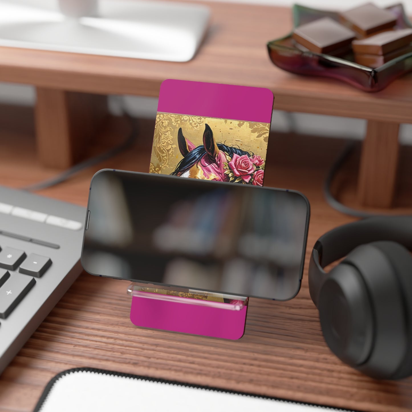Smartphone Stand - Elegant Horse Design - Magenta & Gold Decorative Holder