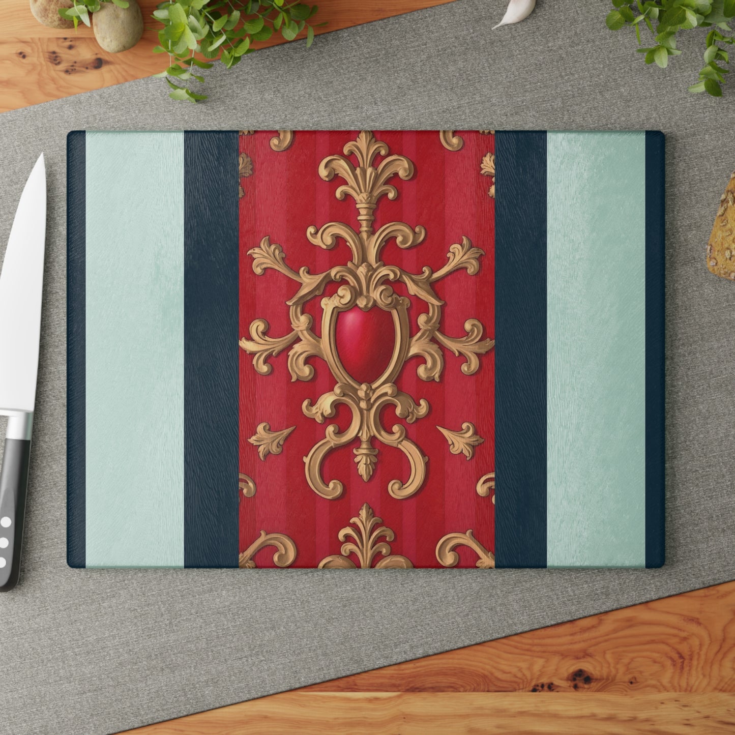 Elegant Decorative Glass Cutting Board, Kitchen Gifts, Home Decor, Cooking Accessories, Wedding Registry - Blue, Red & White Striped Baroque