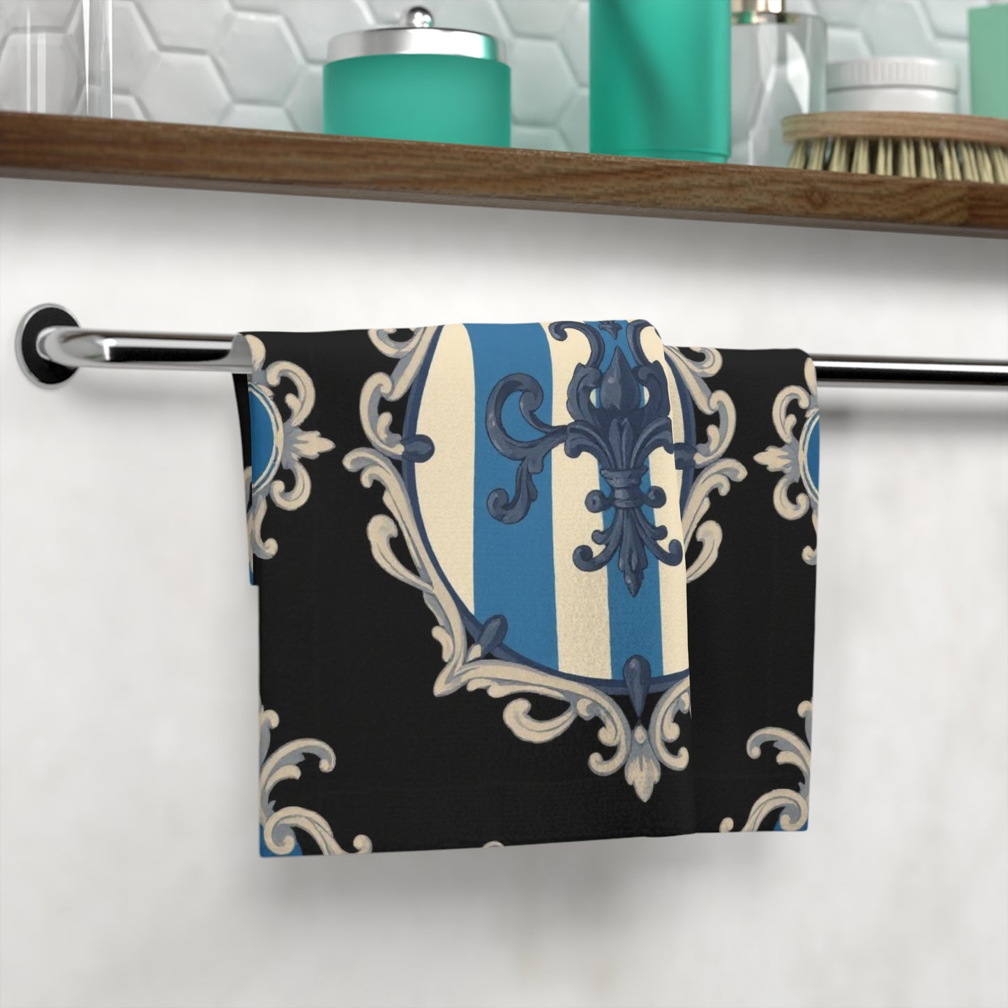 Elegant Blue & Alabaster Striped Baroque Decorative Face Towel, Unique Gift for Home, Luxury Bathroom Towel, Perfect for Weddings, Spa Days