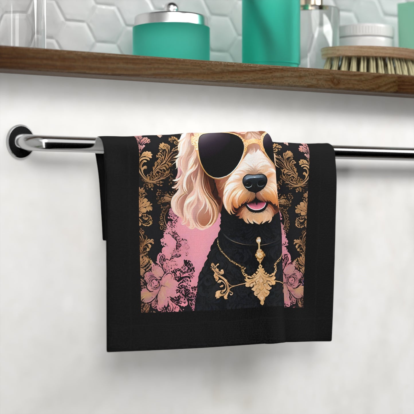 Face Towel - Elegant Vintage Gold Pattern for Home & Spa - Golden Doodle In Sunglasses Design - Perfect for Kids