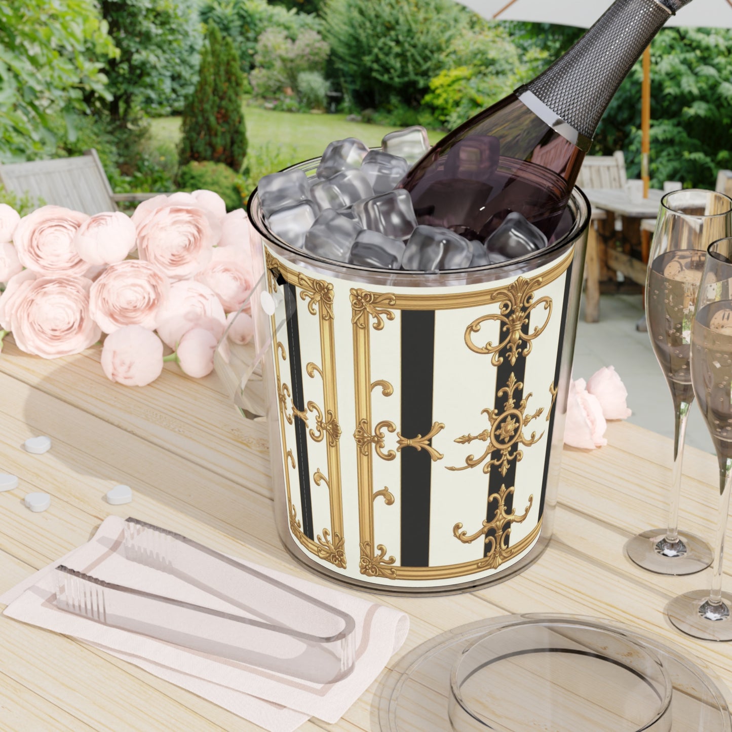 Elegant Ice Bucket for Parties, Stylish Beverage Cooler, Luxury Barware, Chic Chiller, Decorative Tongs Included - Black & White Striped Gold Baroque