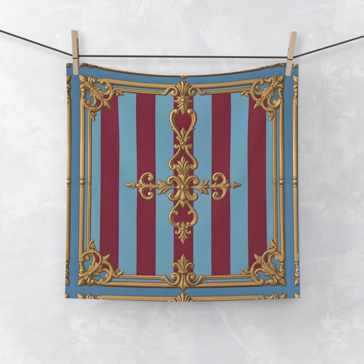 Elegant Decorative Face Towel, Luxurious Spa Towel, Home Décor Towel, Wedding Gift - Sky Blue & Maroon Striped Baroque