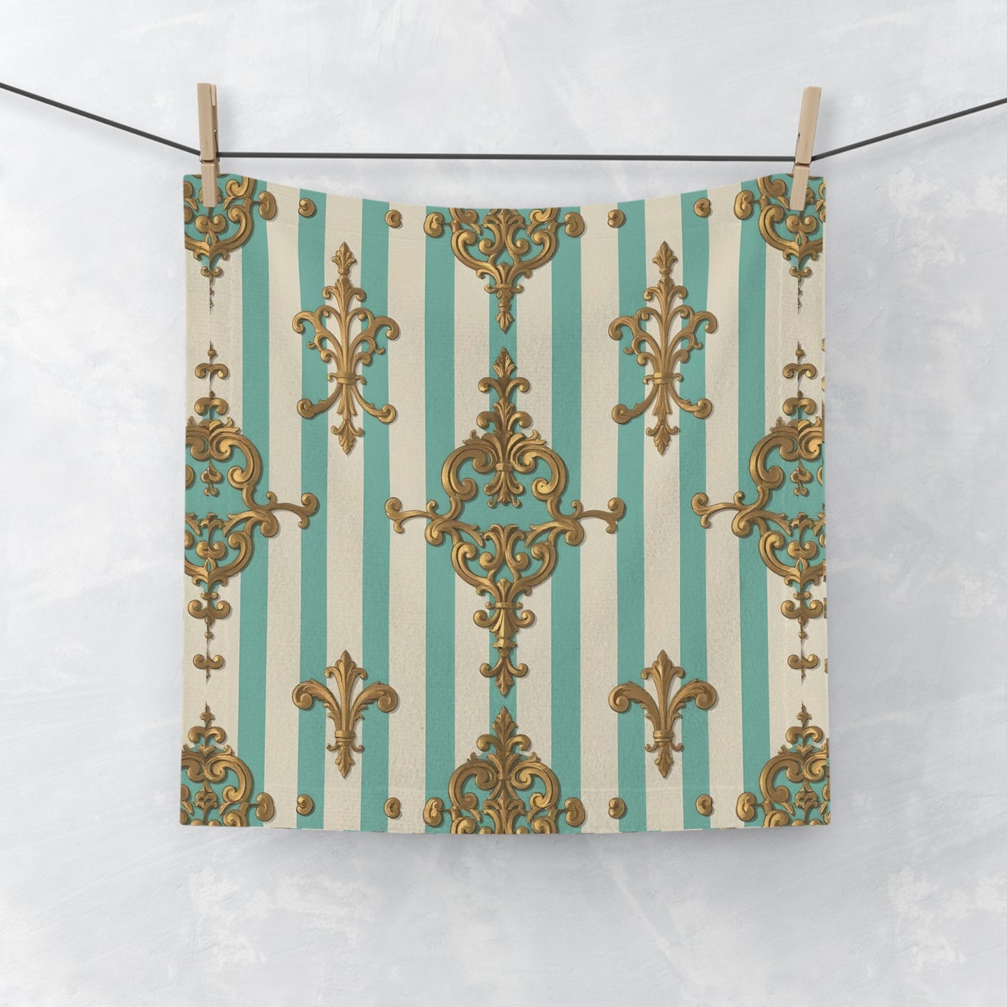 Elegant Decorative Face Towel, Luxurious Bathroom Accessory, Spa Towel, Wedding Gift, Home Decor - Matte Green Striped Rococo