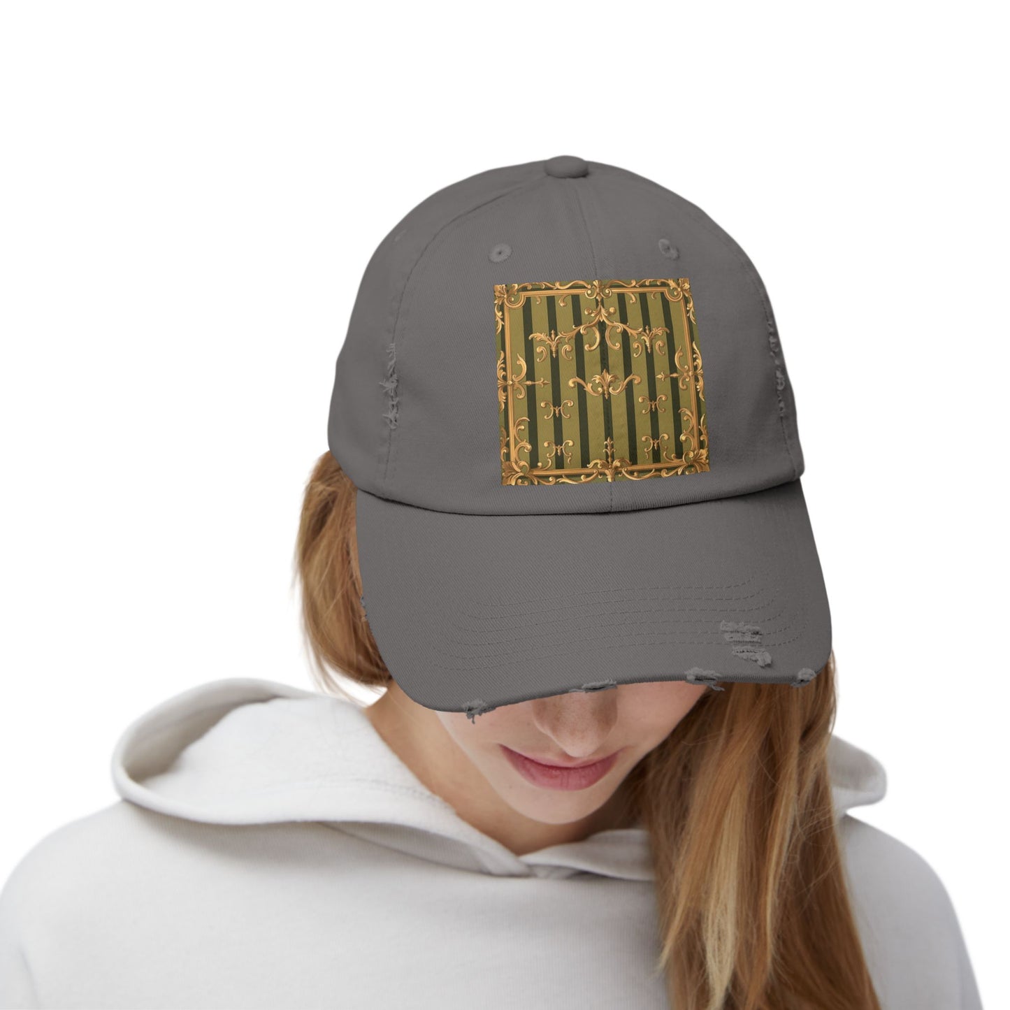 Vintage Distressed Cap with Elegant Gold Design, Fashionable Unisex Hat for Casual Outings - Olive Green Striped Rococo